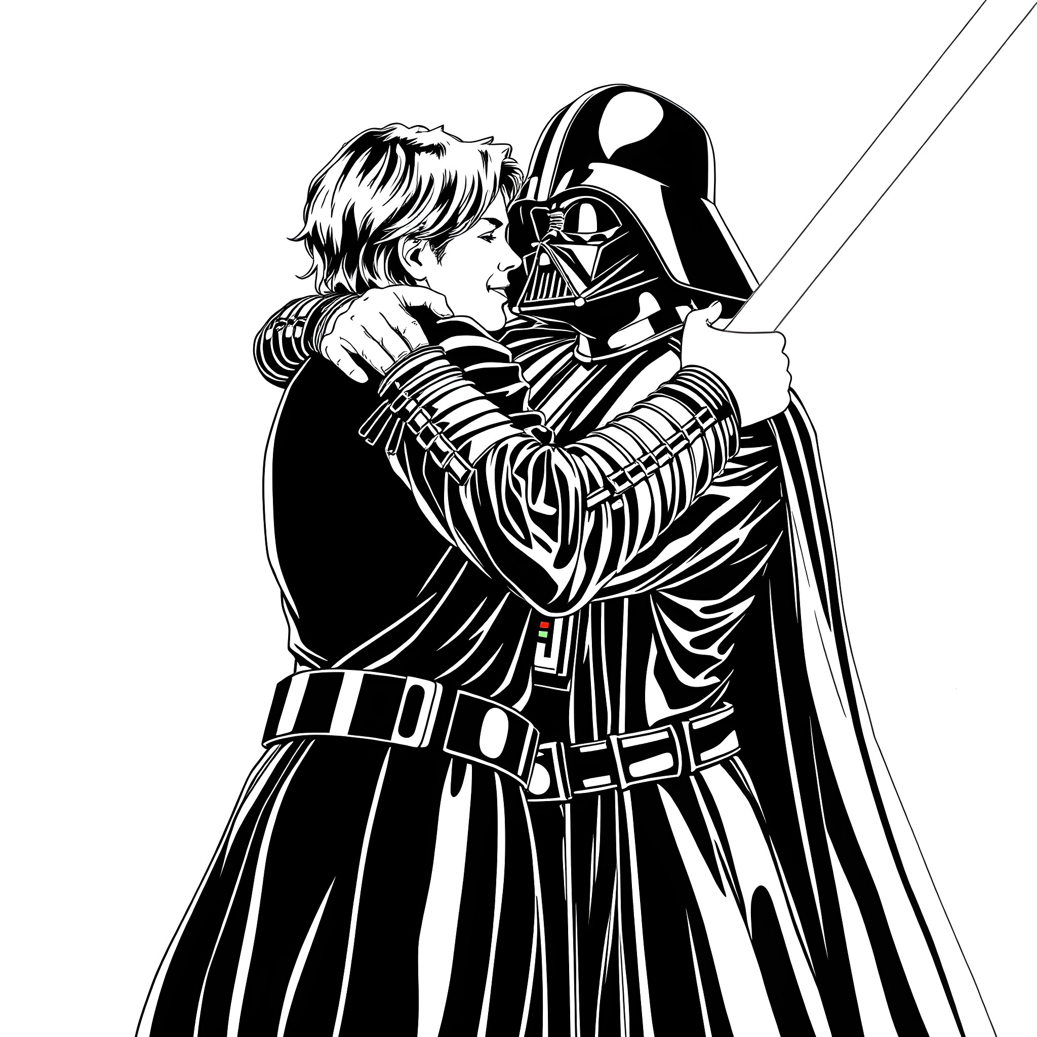 Luke Skywalker's confrontation with Darth Vader Coloring Page (free black-and-white line drawing printable PDF for all, from beginners to advanced learners, including children, teens, adults, and seniors)
