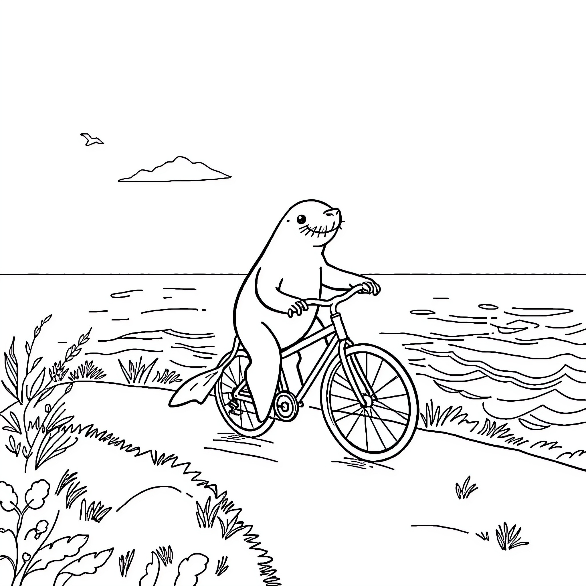 Whale riding a bicycle on the beach Coloring Page (free black-and-white line drawing printable PDF for all, from beginners to advanced learners, including children, teens, adults, and seniors)