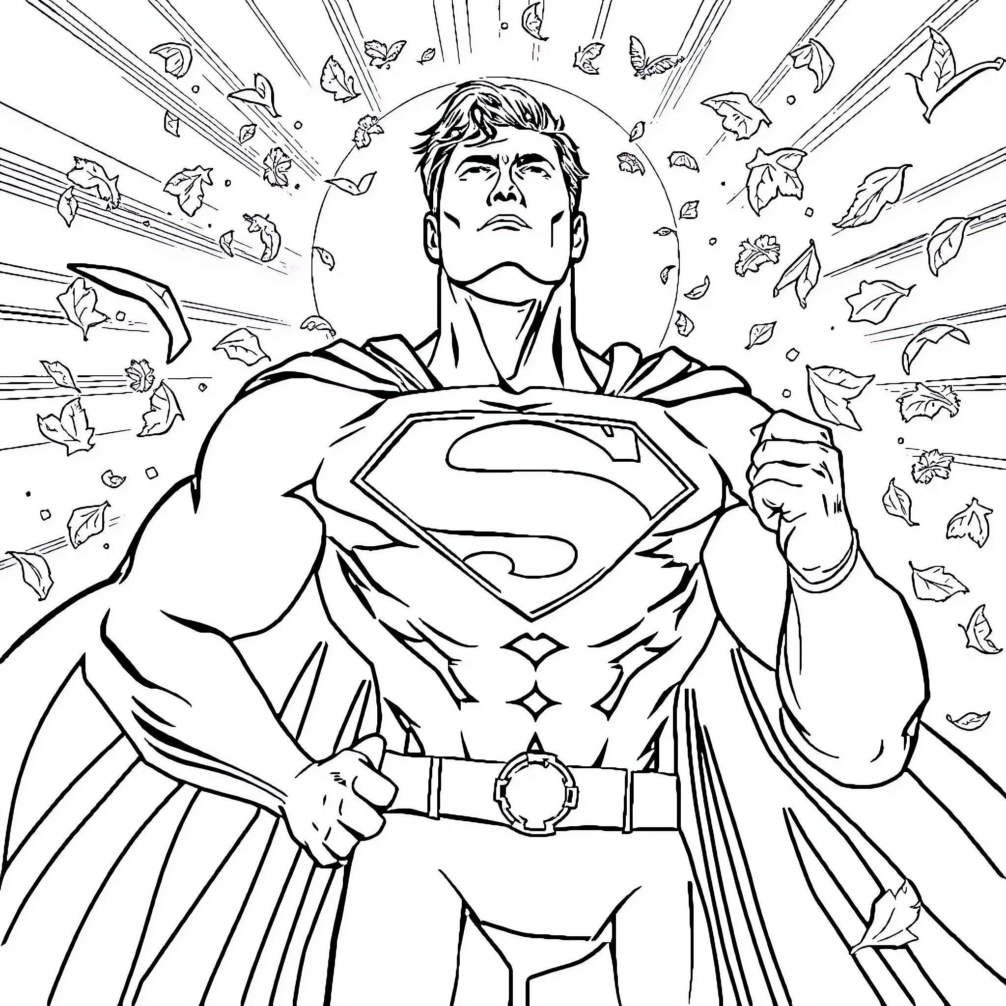 Superman Unleashing His Incredible Powers Coloring Page (free black-and-white line drawing printable PDF for all, from beginners to advanced learners, including children, teens, adults, and seniors)