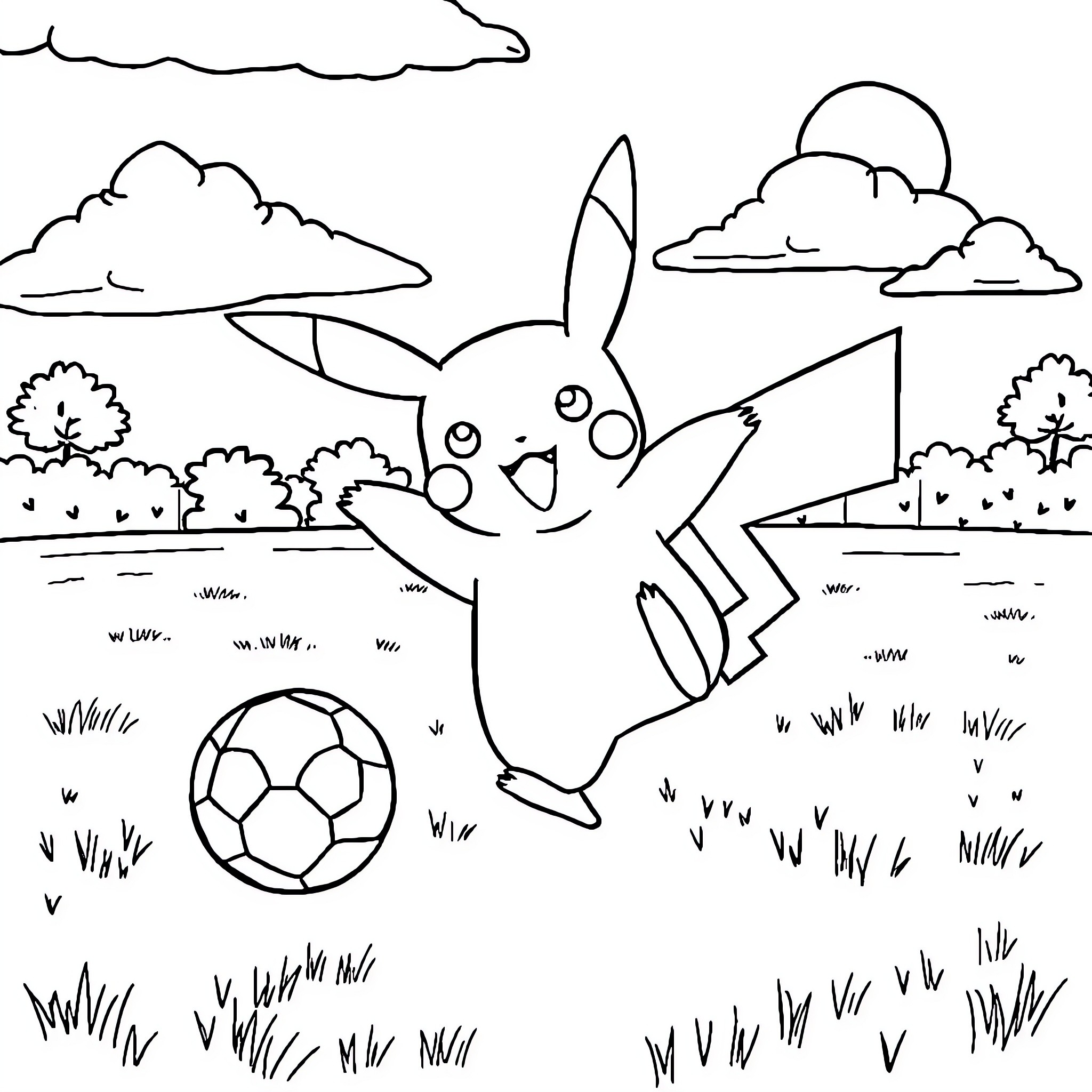 Pikachu playing happily with a soccer ball in the park Coloring Page (free black-and-white line drawing printable PDF for all, from beginners to advanced learners, including children, teens, adults, and seniors)