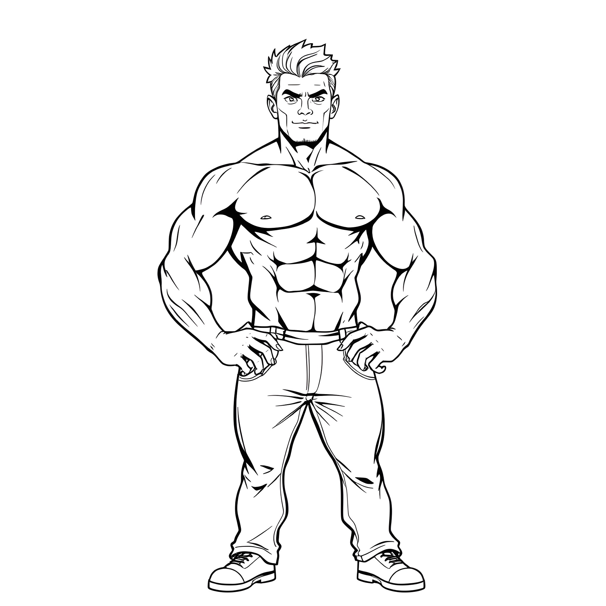 Man displays muscular physique in strong pose Coloring Page (free black-and-white line drawing printable PDF for all, from beginners to advanced learners, including children, teens, adults, and seniors)