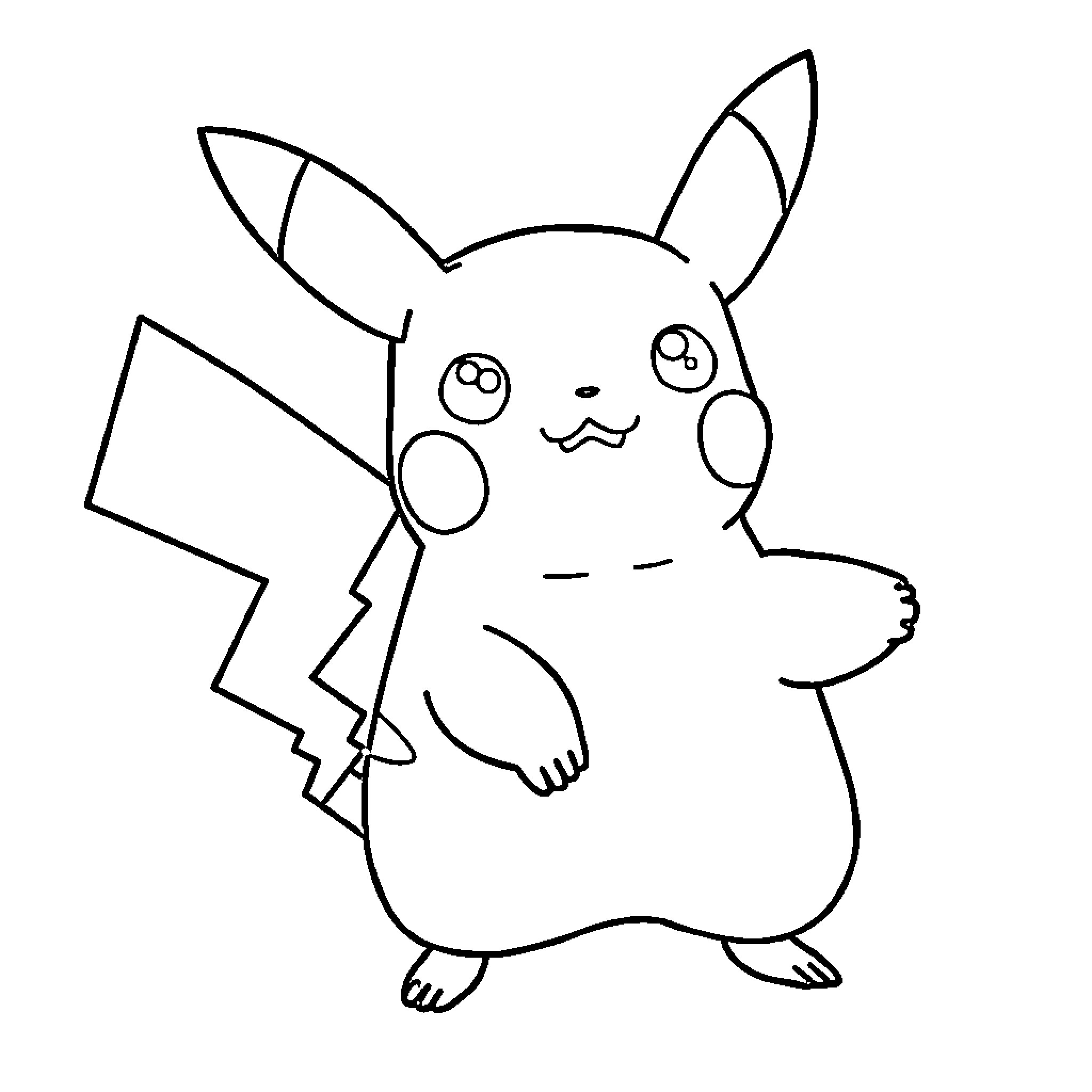 Pikachu waving and smiling happily Coloring Page (free black-and-white line drawing printable PDF for all, from beginners to advanced learners, including children, teens, adults, and seniors)