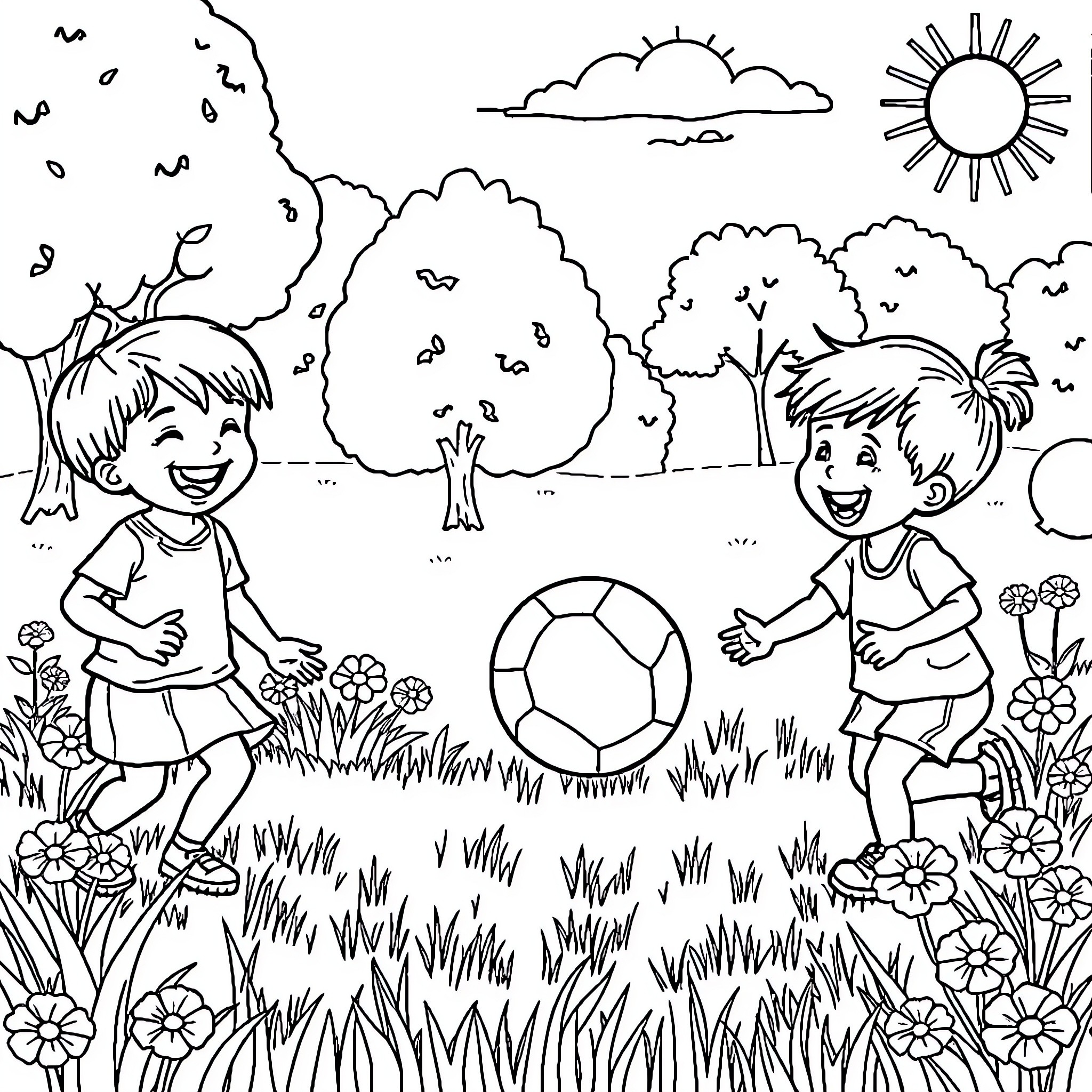 Kid playing soccer outdoors on a sunny day Coloring Page (free black-and-white line drawing printable PDF for all, from beginners to advanced learners, including children, teens, adults, and seniors)
