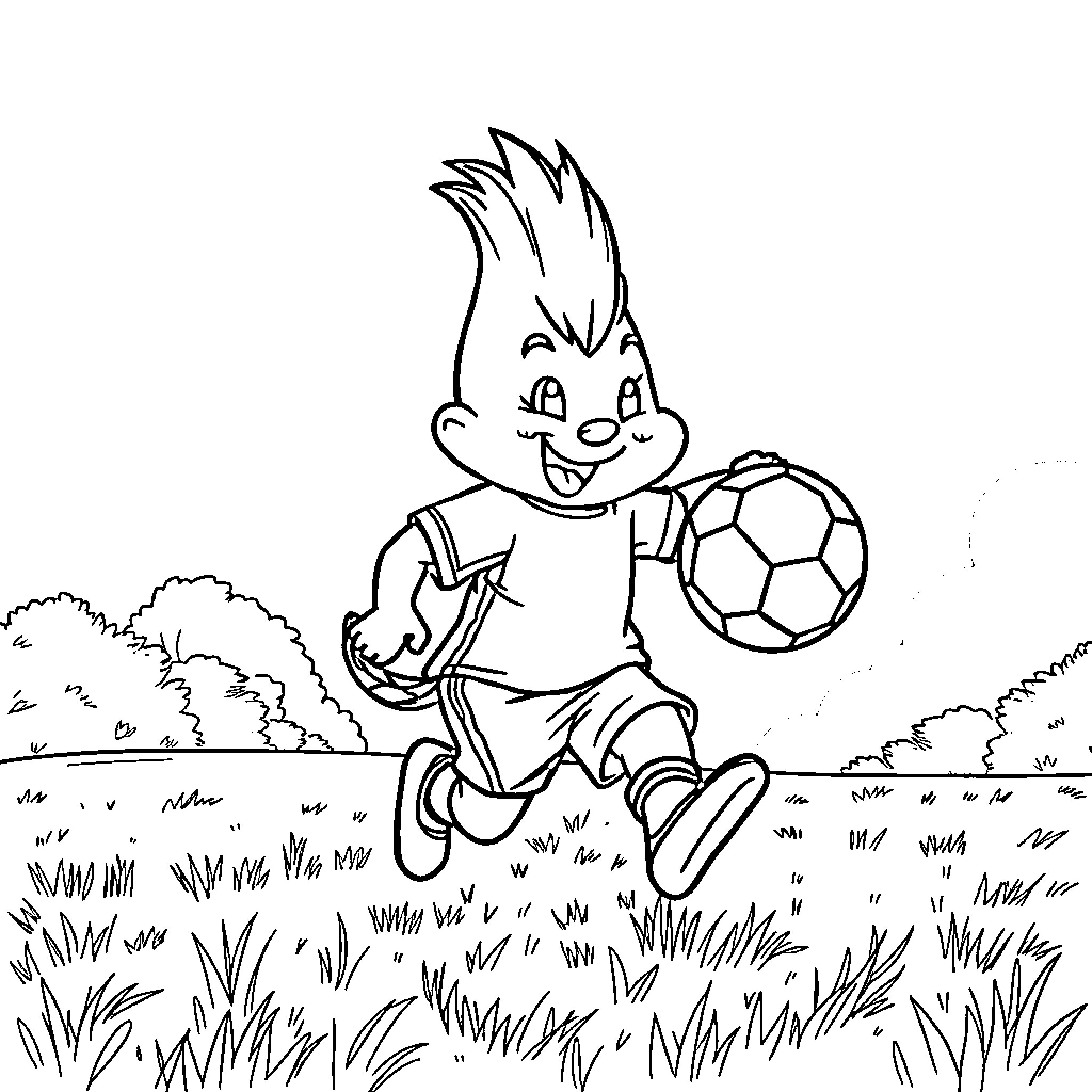 Sprunki playing happily with soccer ball in field Coloring Page (free black-and-white line drawing printable PDF for all, from beginners to advanced learners, including children, teens, adults, and seniors)