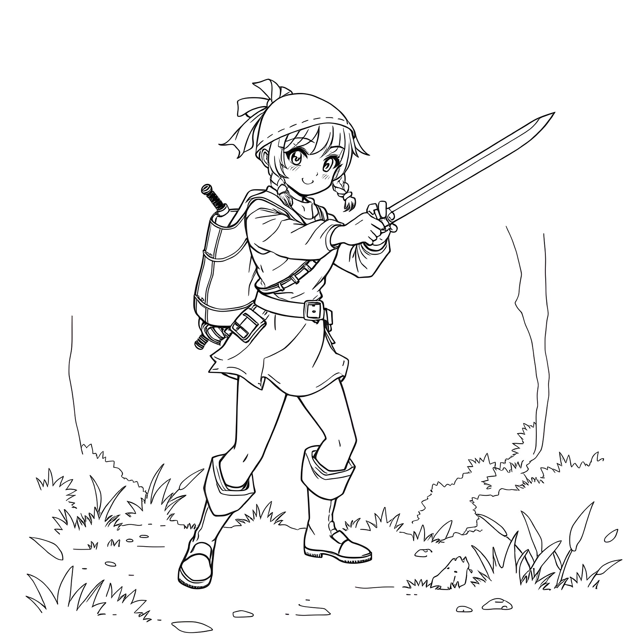 Anime Girl Wielding a Sword in a Grassy Field Coloring Page (free black-and-white line drawing printable PDF for all, from beginners to advanced learners, including children, teens, adults, and seniors)
