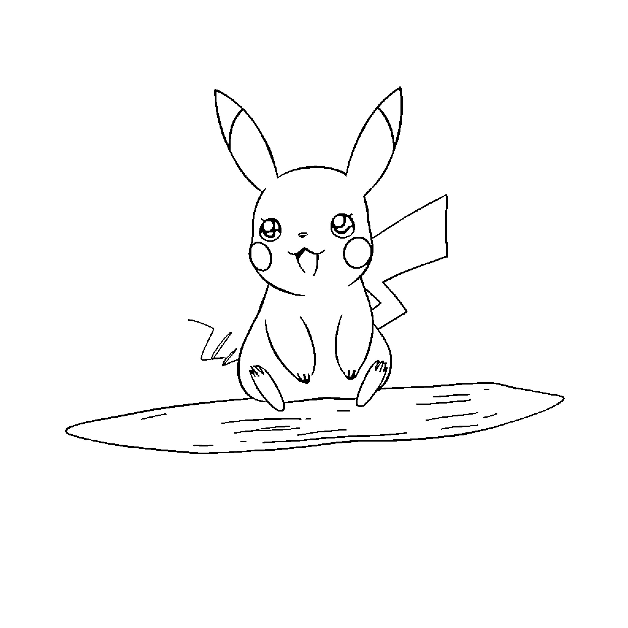 Pikachu sitting happily on the ground Coloring Page (free black-and-white line drawing printable PDF for all, from beginners to advanced learners, including children, teens, adults, and seniors)