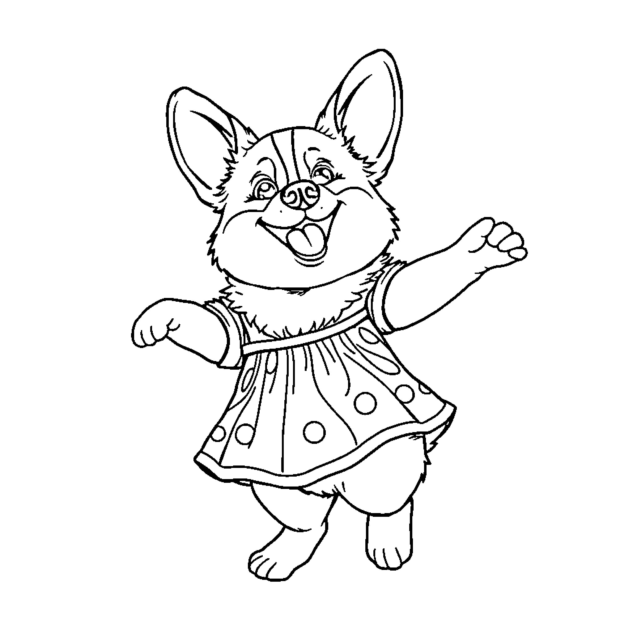 Corgi happily dancing in a polka dot dress Coloring Page (free black-and-white line drawing printable PDF for all, from beginners to advanced learners, including children, teens, adults, and seniors)