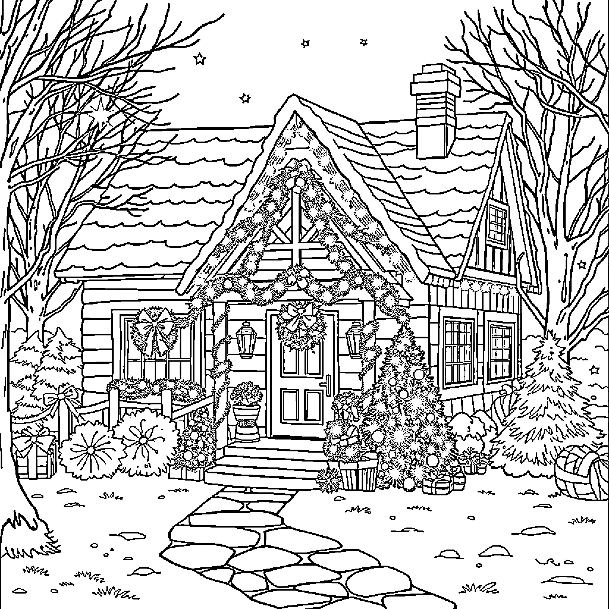 House decorated with festive lights and ornaments Coloring Page (free black-and-white line drawing printable PDF for all, from beginners to advanced learners, including children, teens, adults, and seniors)