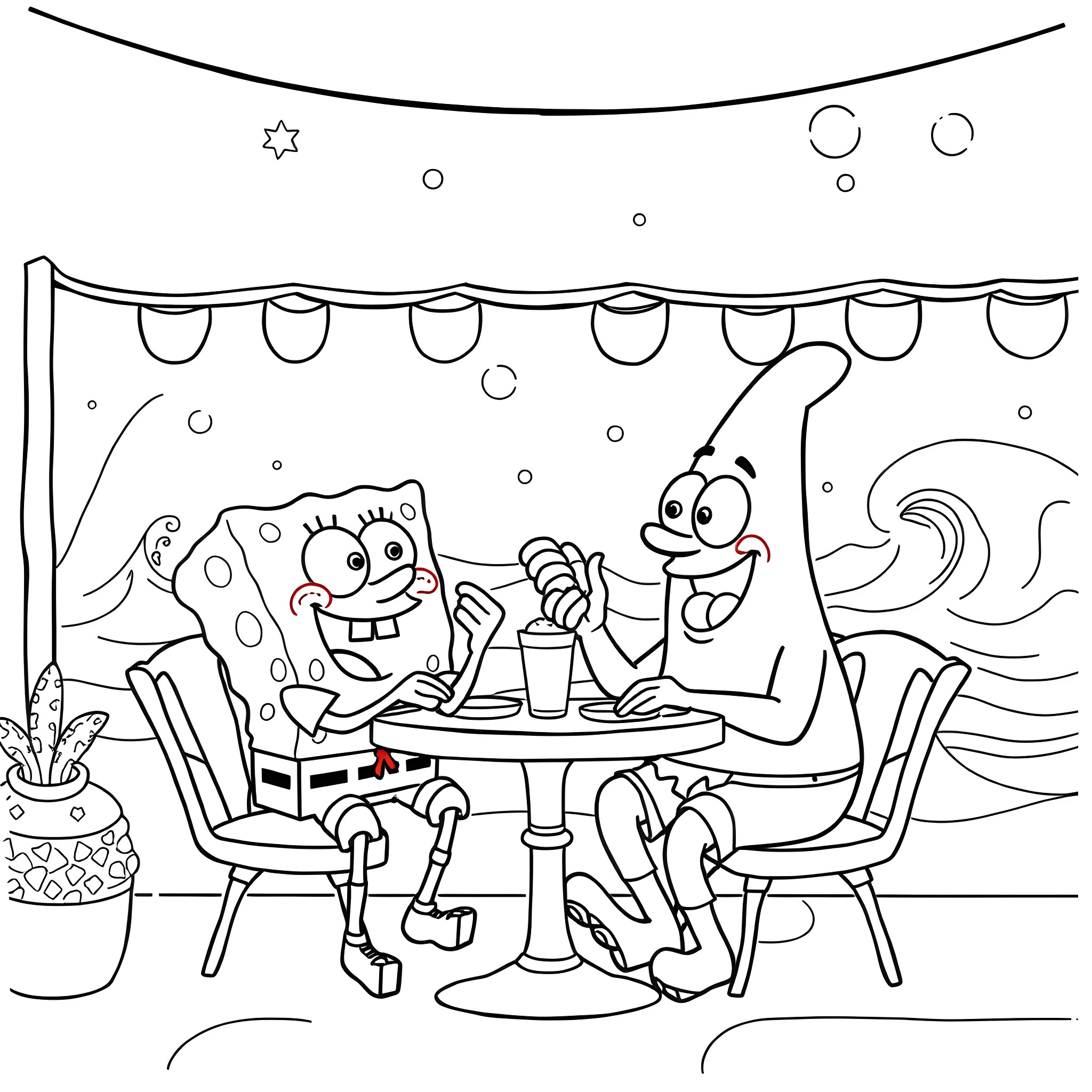Spongebob and Patrick enjoying a snack underwater Coloring Page (free black-and-white line drawing printable PDF for all, from beginners to advanced learners, including children, teens, adults, and seniors)