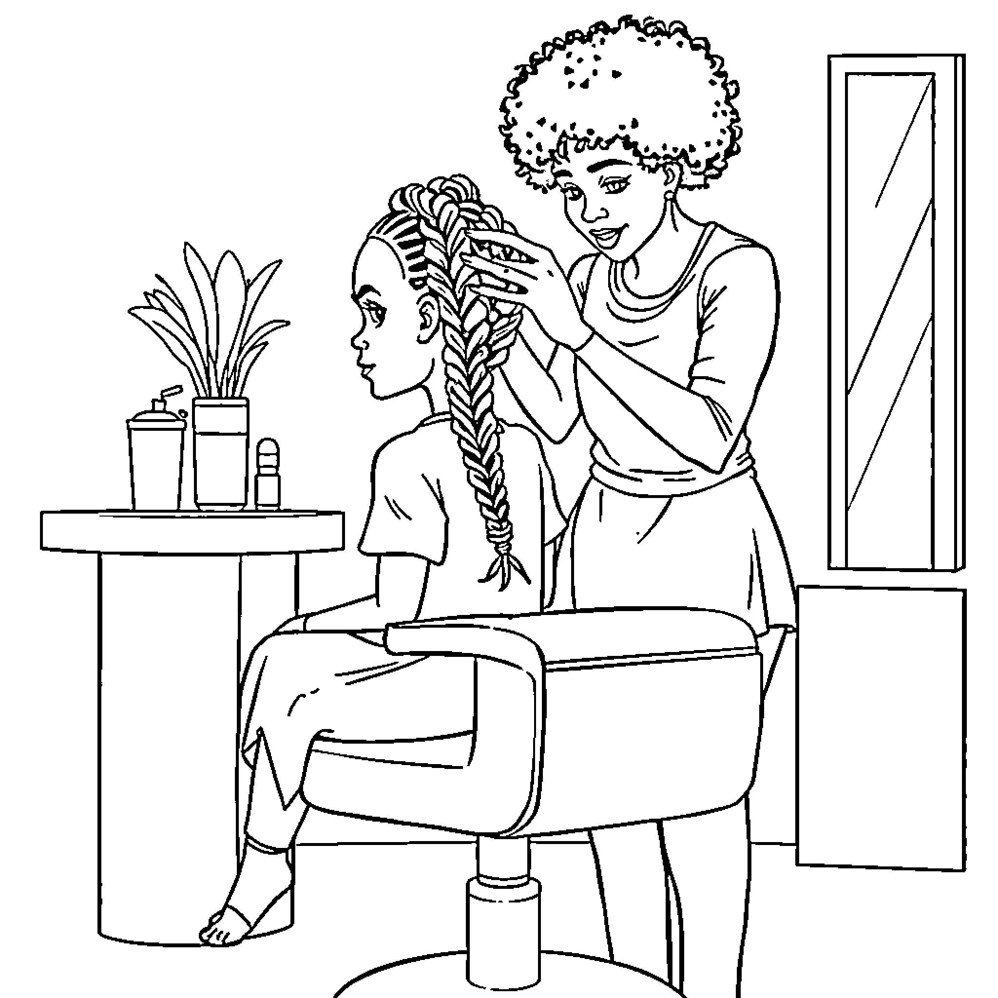 Girl Getting Her Hair Braided in Salon Coloring Page (free black-and-white line drawing printable PDF for all, from beginners to advanced learners, including children, teens, adults, and seniors)