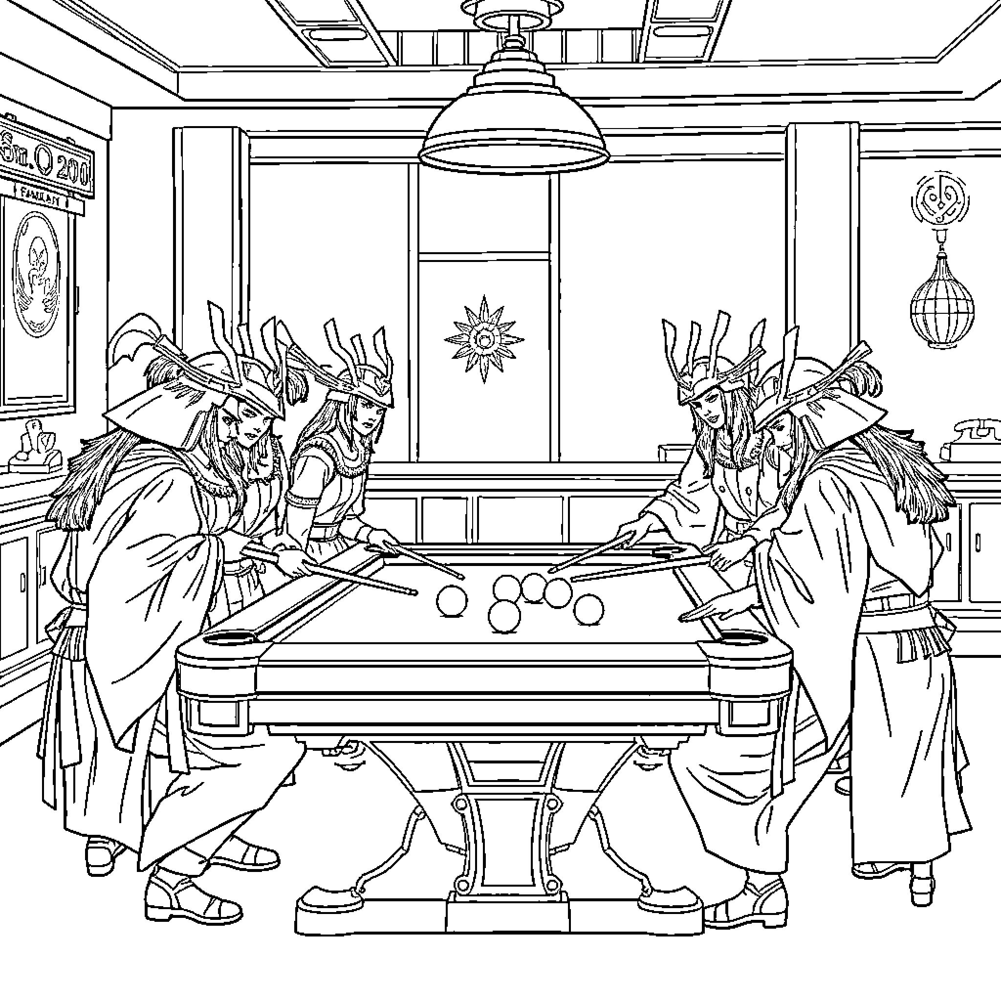 Samurai playing strategy game in traditional setting Coloring Page (free black-and-white line drawing printable PDF for all, from beginners to advanced learners, including children, teens, adults, and seniors)