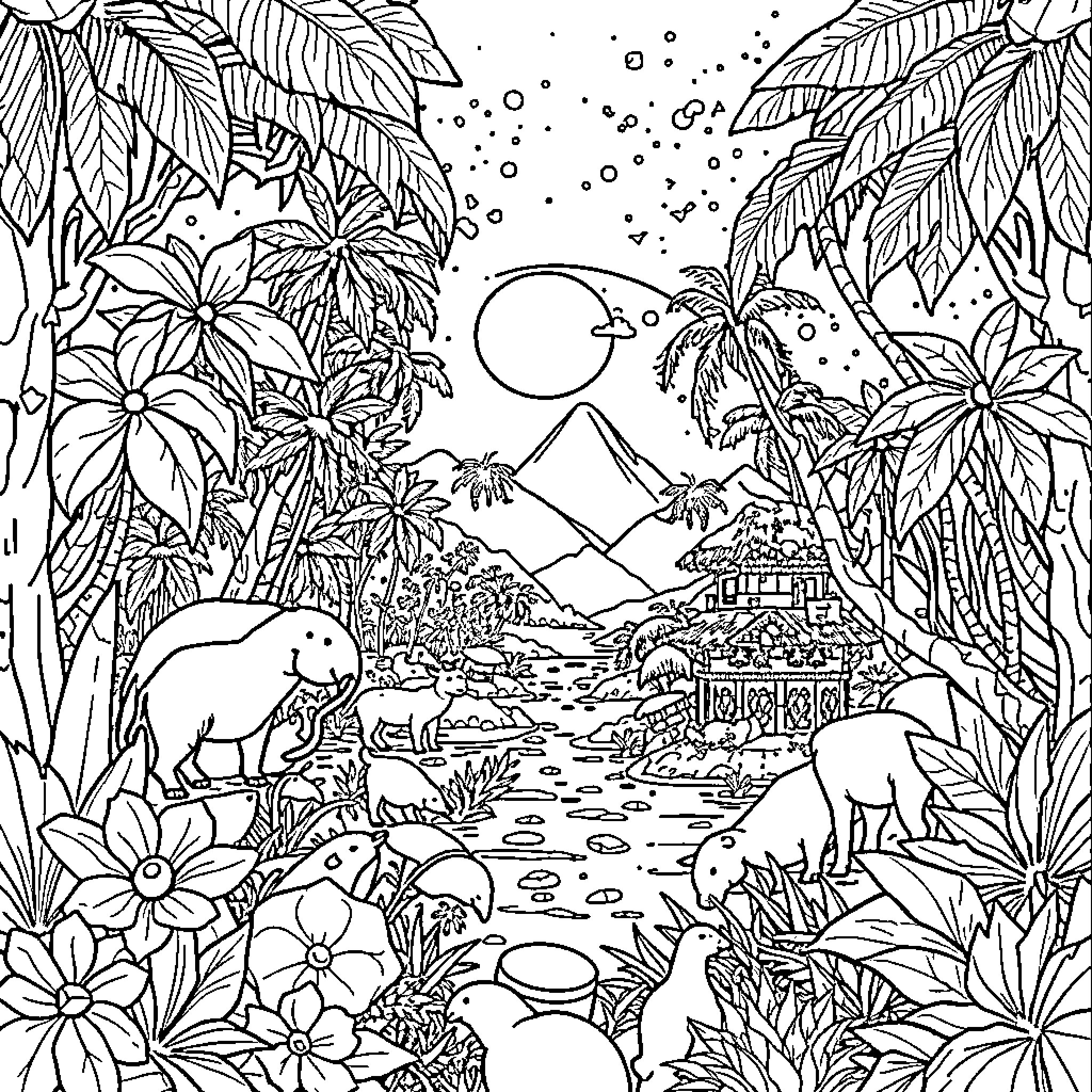 Earth's Tropical Paradise: A Vibrant Jungle Landscape Coloring Page (free black-and-white line drawing printable PDF for all, from beginners to advanced learners, including children, teens, adults, and seniors)