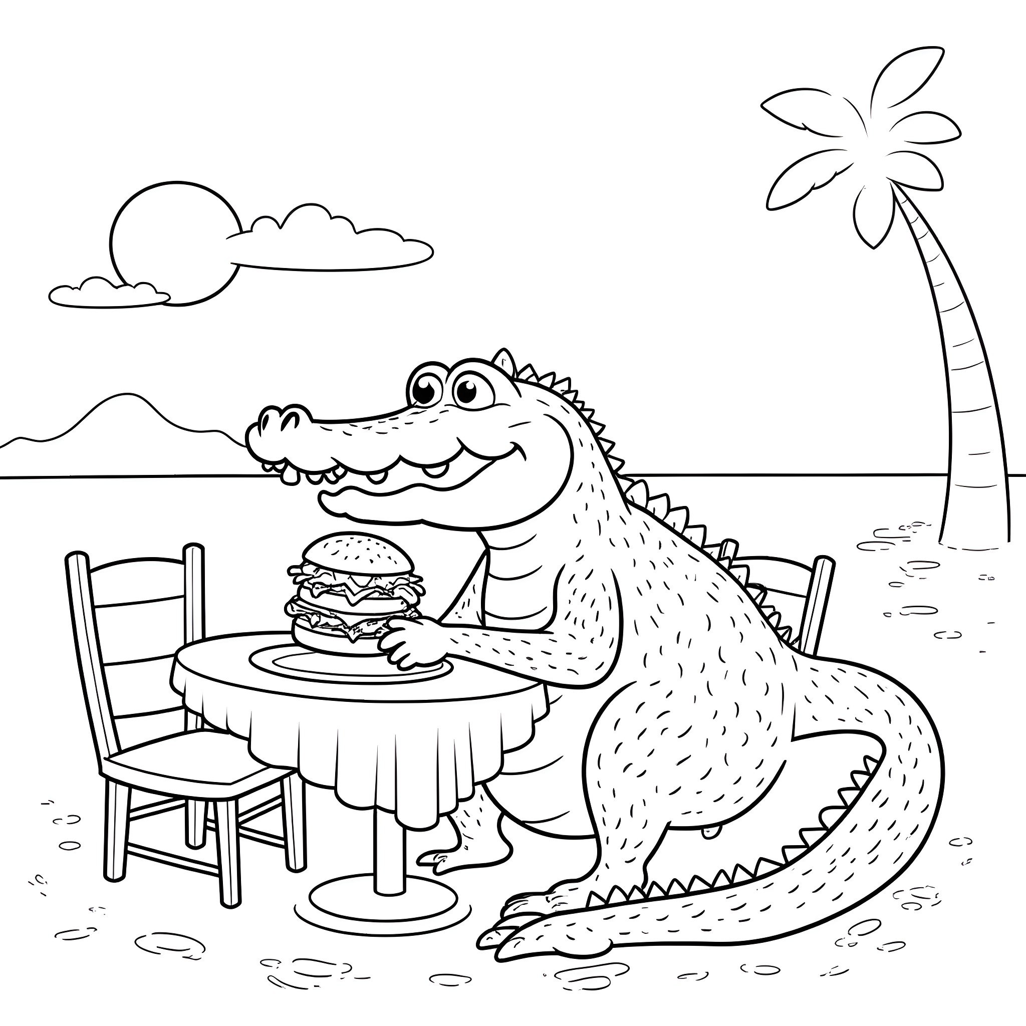 Crocodile enjoying a burger on the beach Coloring Page (free black-and-white line drawing printable PDF for all, from beginners to advanced learners, including children, teens, adults, and seniors)