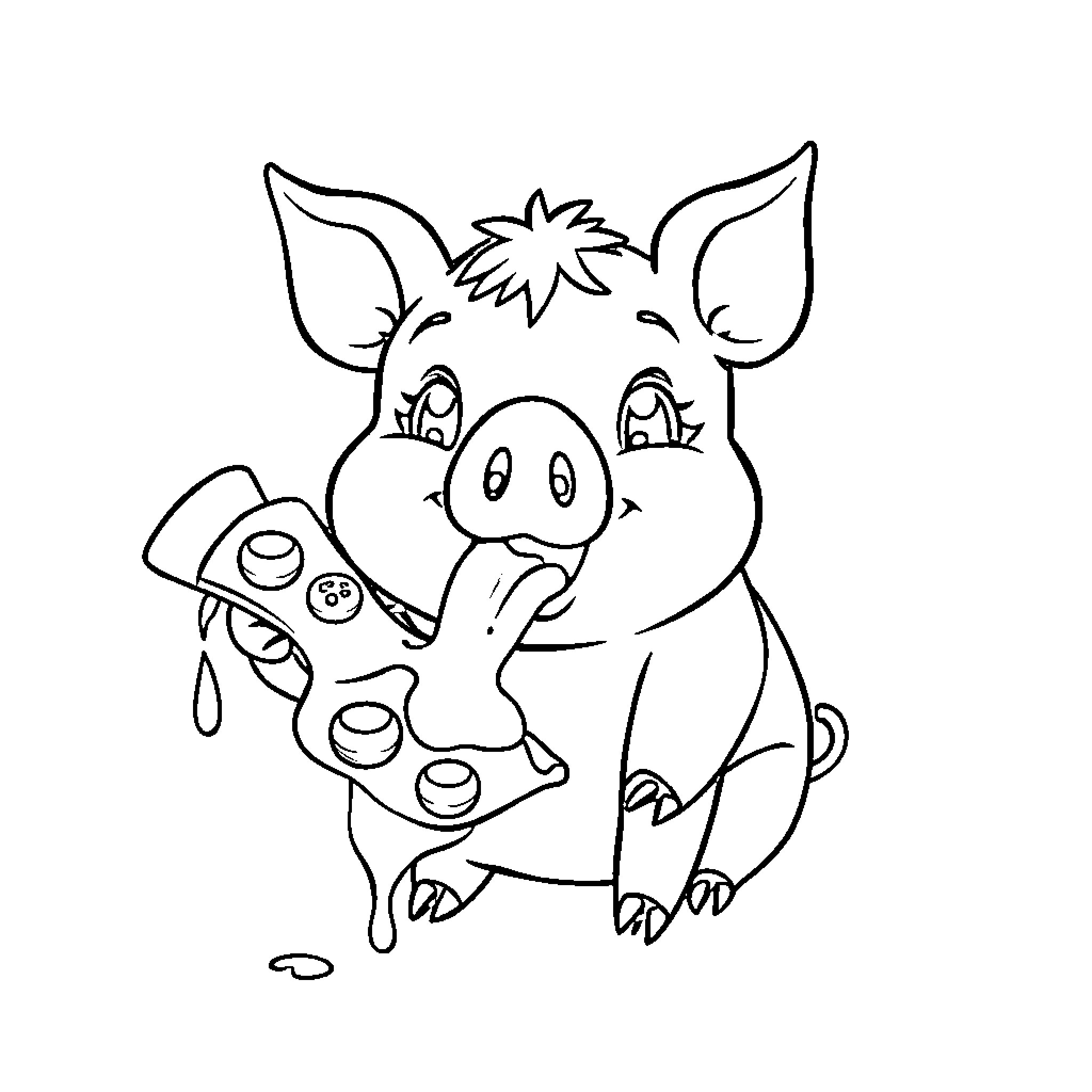 Pig enjoying messy snack Coloring Page (free black-and-white line drawing printable PDF for all, from beginners to advanced learners, including children, teens, adults, and seniors)