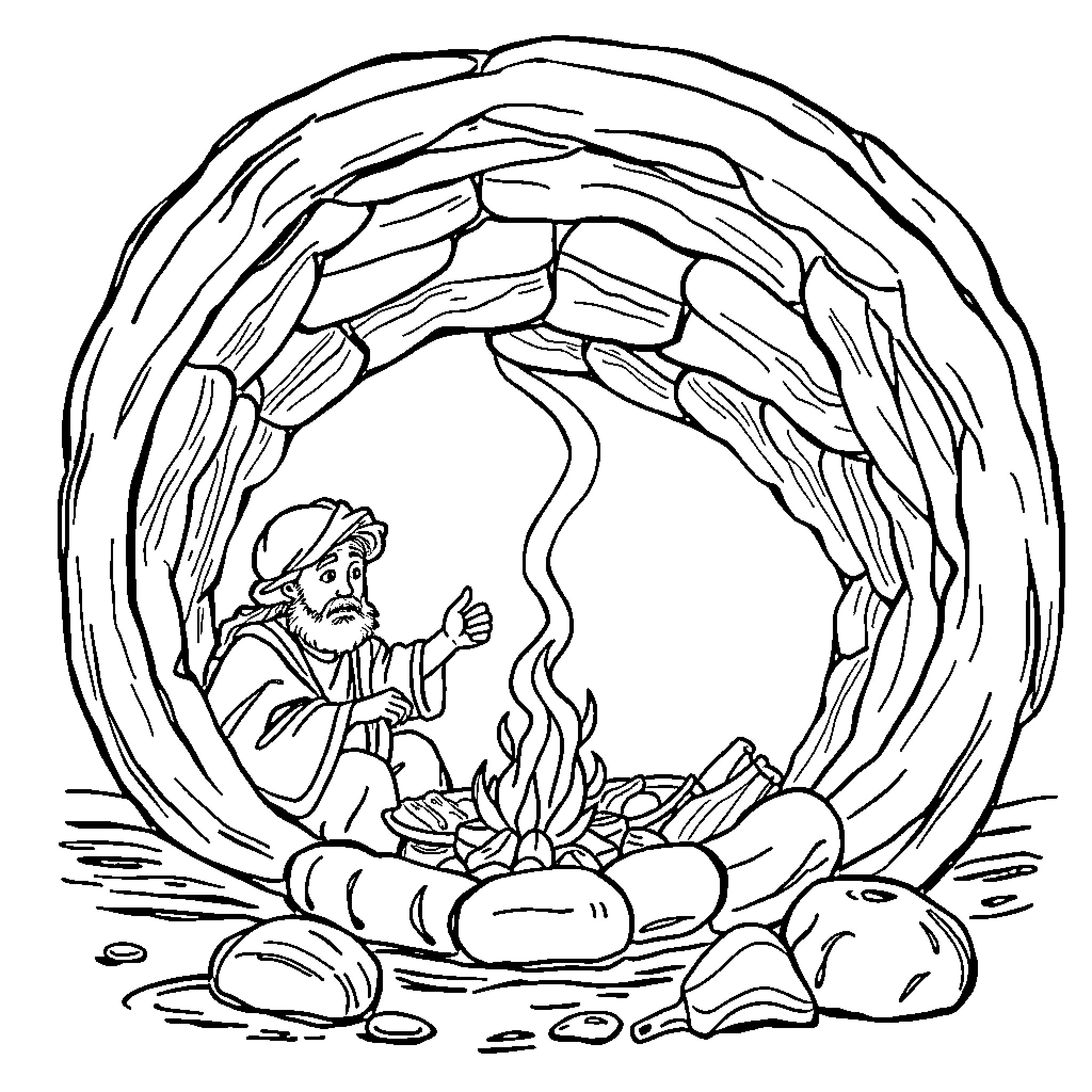 Jonah's refuge in the cave by the fire Coloring Page (free black-and-white line drawing printable PDF for all, from beginners to advanced learners, including children, teens, adults, and seniors)