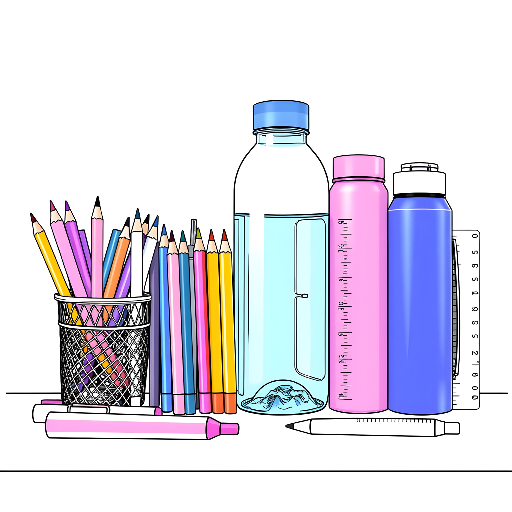 School Equipment with Variety of Stationery Supplies Coloring Page (free black-and-white line drawing printable PDF for all, from beginners to advanced learners, including children, teens, adults, and seniors)