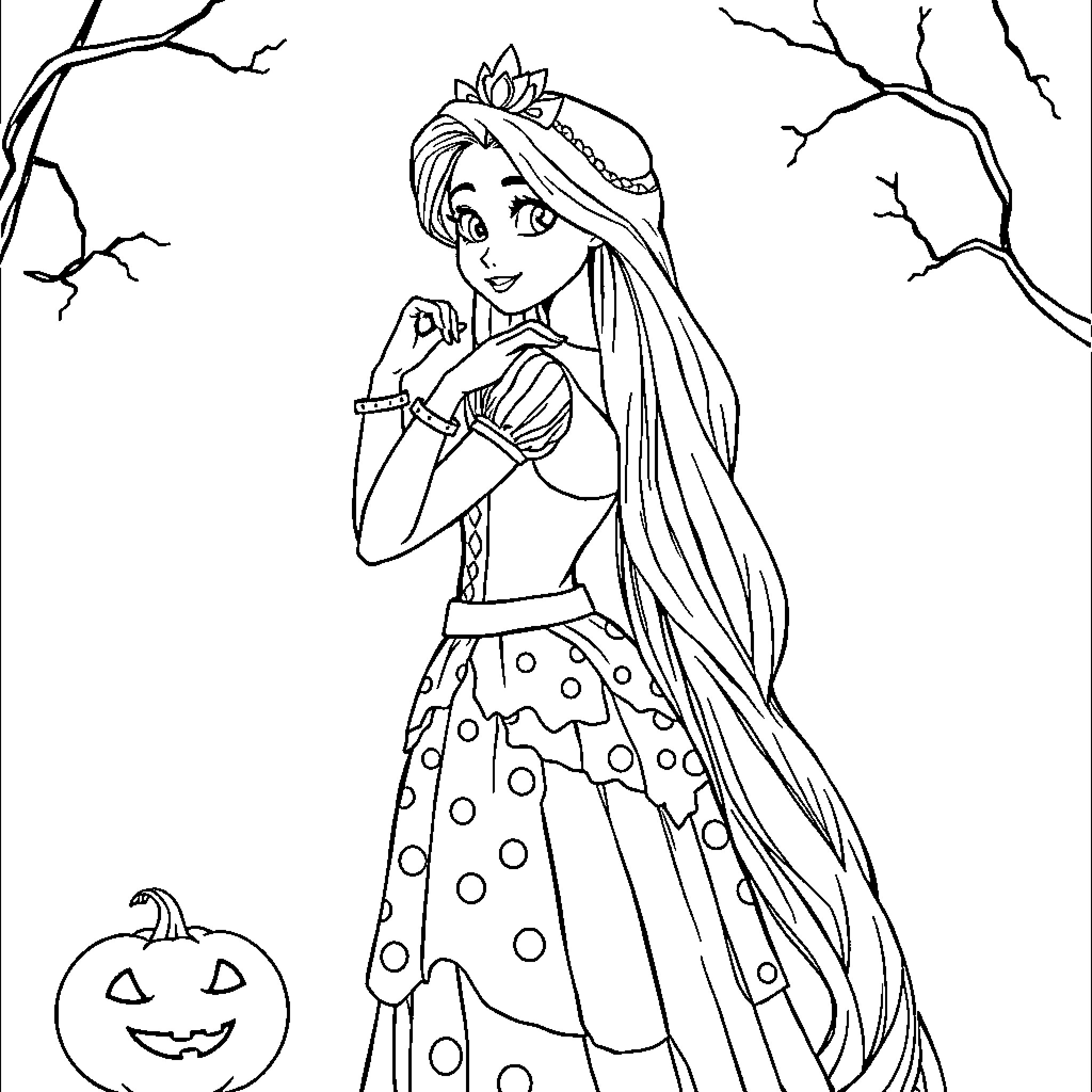 Rapunzel in a Halloween costume with a pumpkin Coloring Page (free black-and-white line drawing printable PDF for all, from beginners to advanced learners, including children, teens, adults, and seniors)