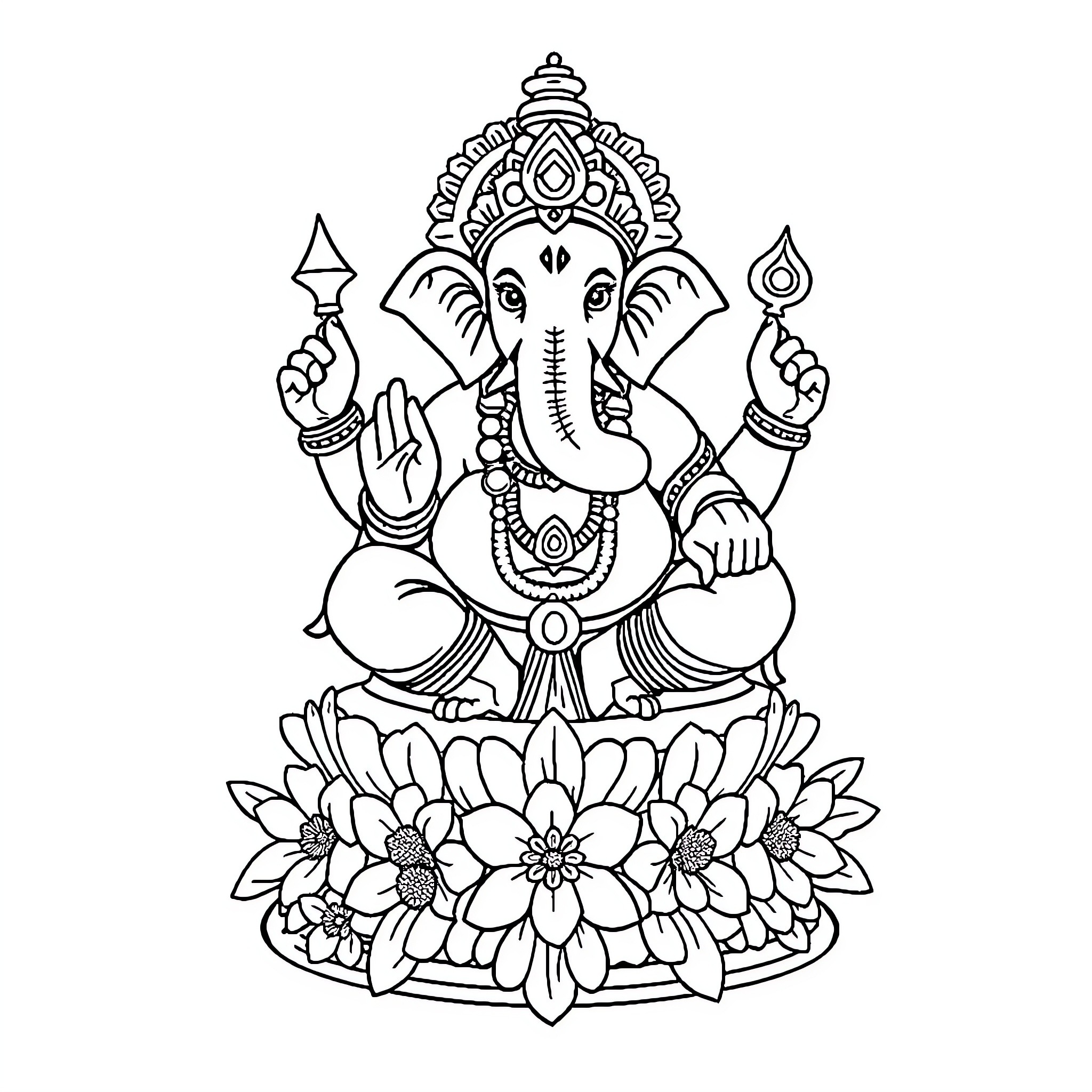 Ganpati in Serene Lotus Pose Coloring Page (free black-and-white line drawing printable PDF for all, from beginners to advanced learners, including children, teens, adults, and seniors)