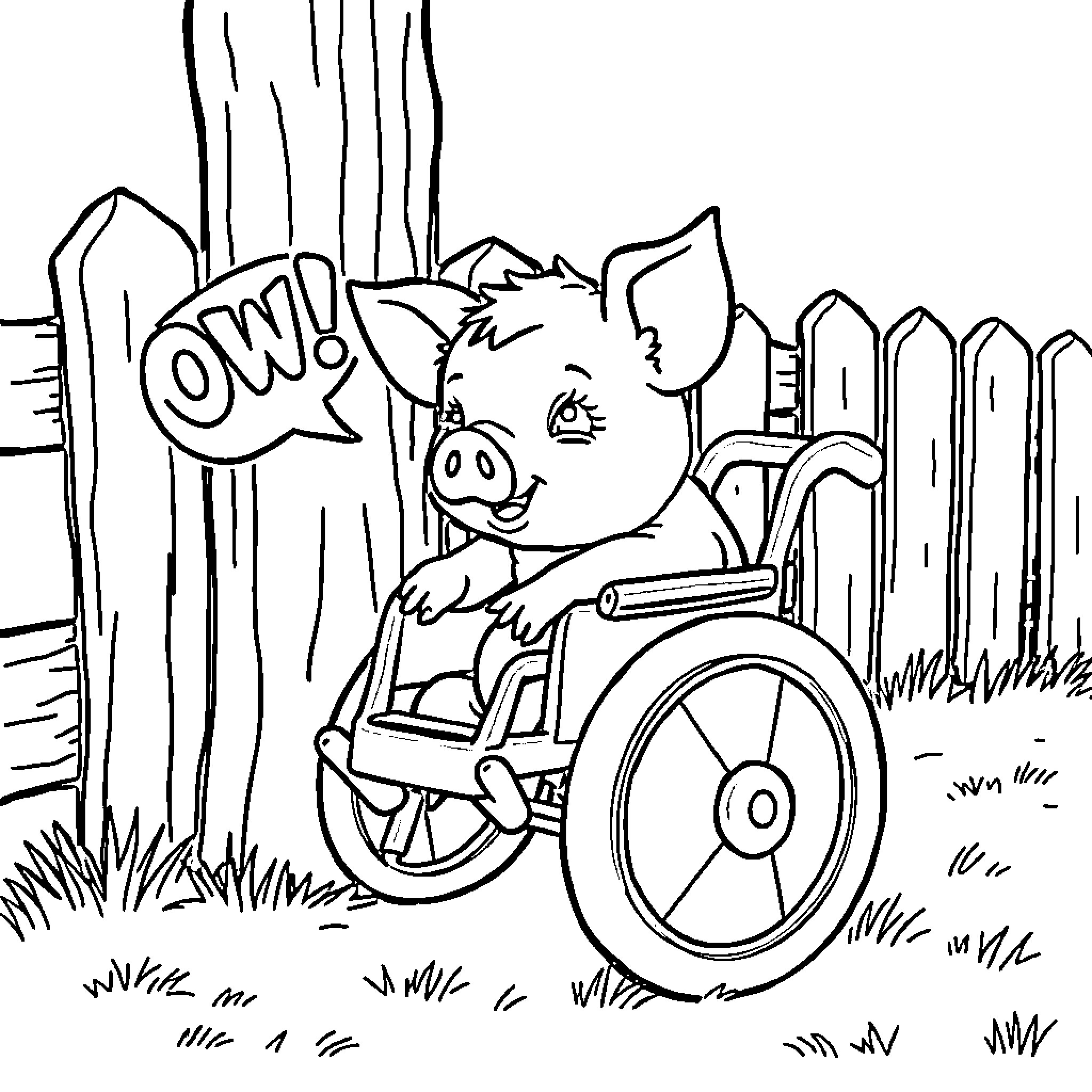 Piglet riding a wheelchair near a fence Coloring Page (free black-and-white line drawing printable PDF for all, from beginners to advanced learners, including children, teens, adults, and seniors)
