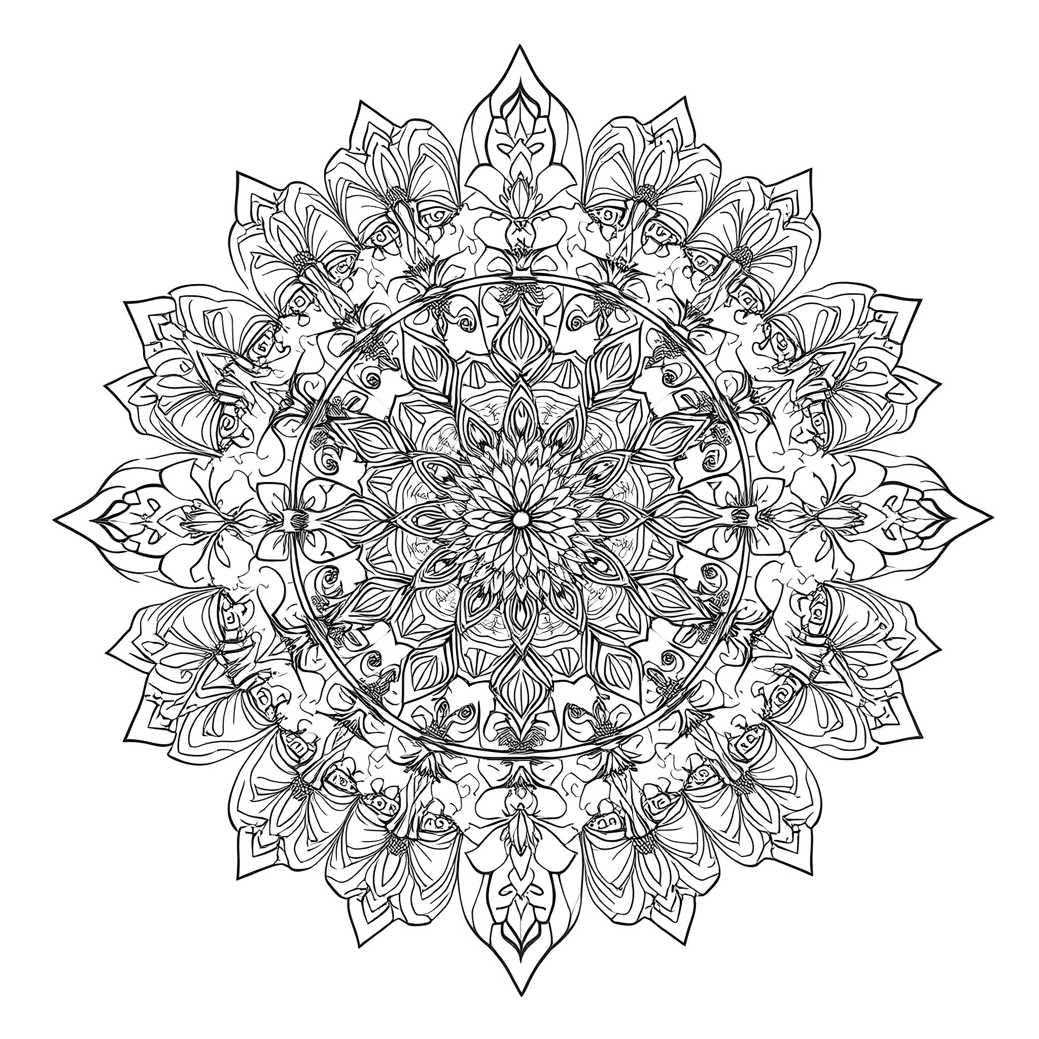 Mandala of intricate floral patterns Coloring Page (free black-and-white line drawing printable PDF for all, from beginners to advanced learners, including children, teens, adults, and seniors)