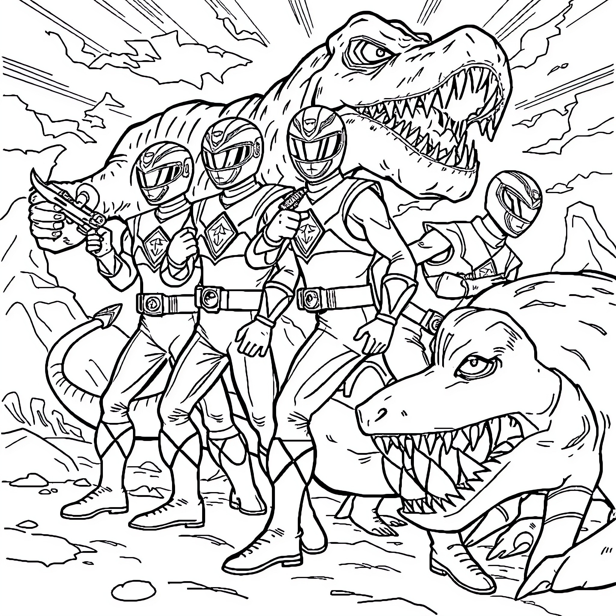 Dino Rangers confront fearsome dinosaurs Coloring Page (free black-and-white line drawing printable PDF for all, from beginners to advanced learners, including children, teens, adults, and seniors)