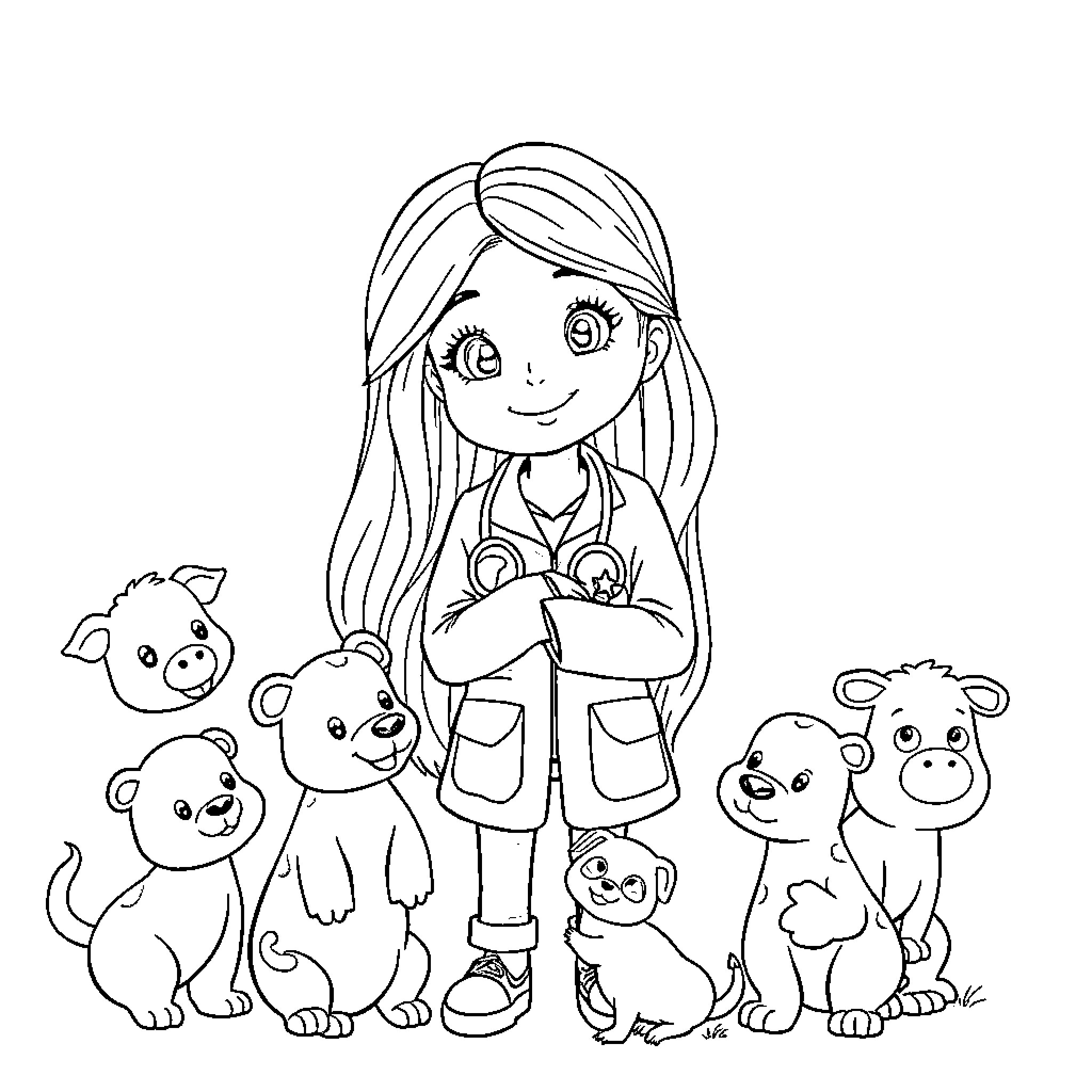 Girl playing with adorable pets Coloring Page (free black-and-white line drawing printable PDF for all, from beginners to advanced learners, including children, teens, adults, and seniors)