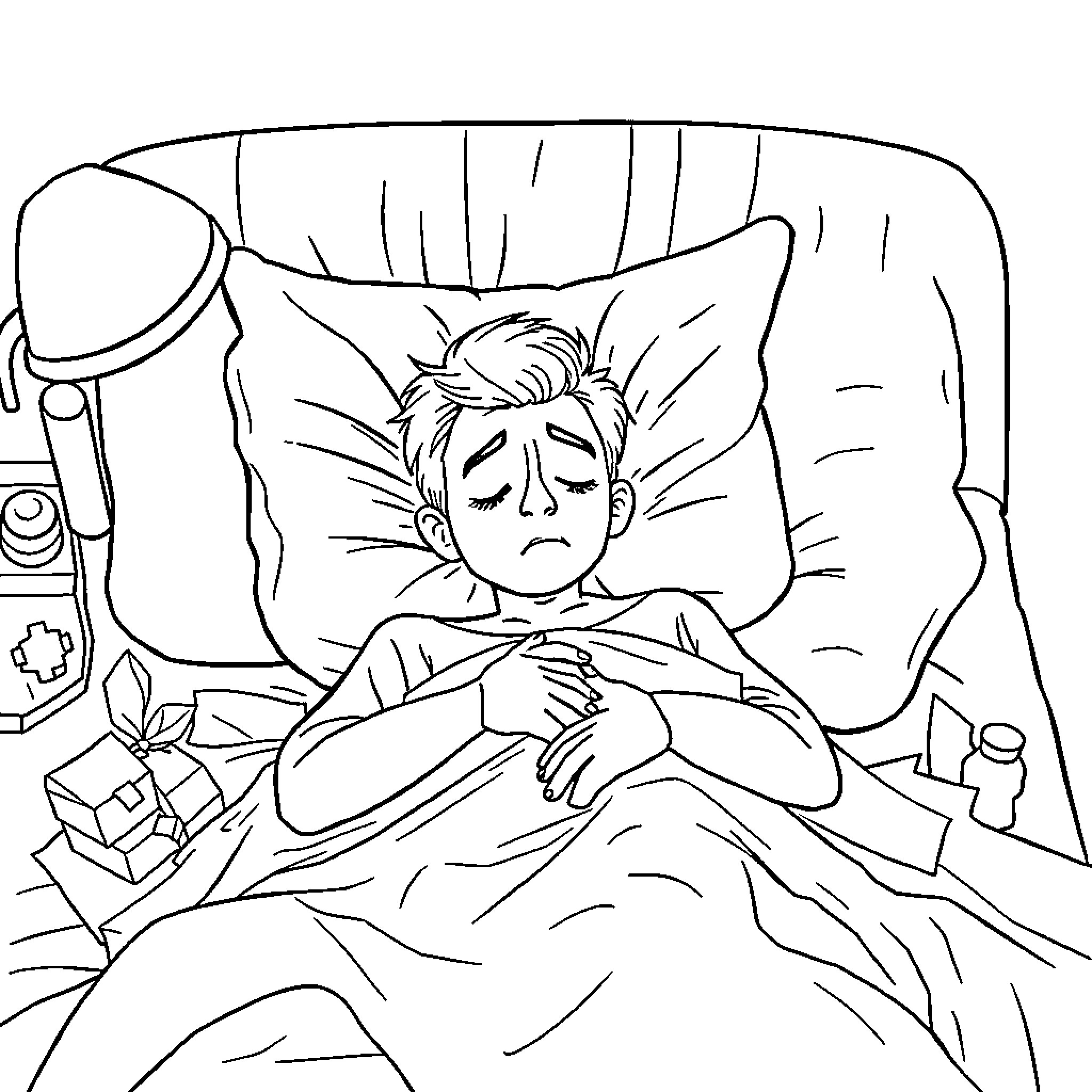 Person resting and recovering in bed Coloring Page (free black-and-white line drawing printable PDF for all, from beginners to advanced learners, including children, teens, adults, and seniors)