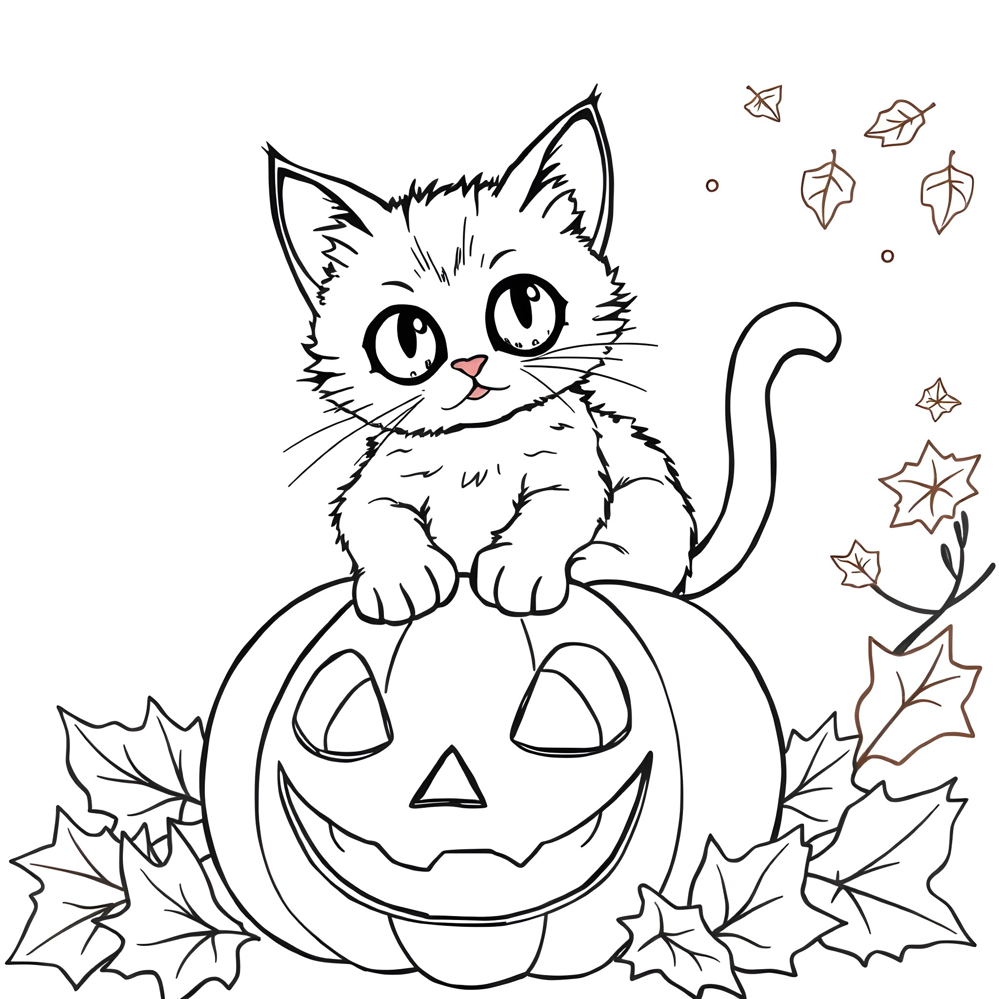 Cat sitting in pumpkin with autumn leaves Coloring Page (free black-and-white line drawing printable PDF for all, from beginners to advanced learners, including children, teens, adults, and seniors)