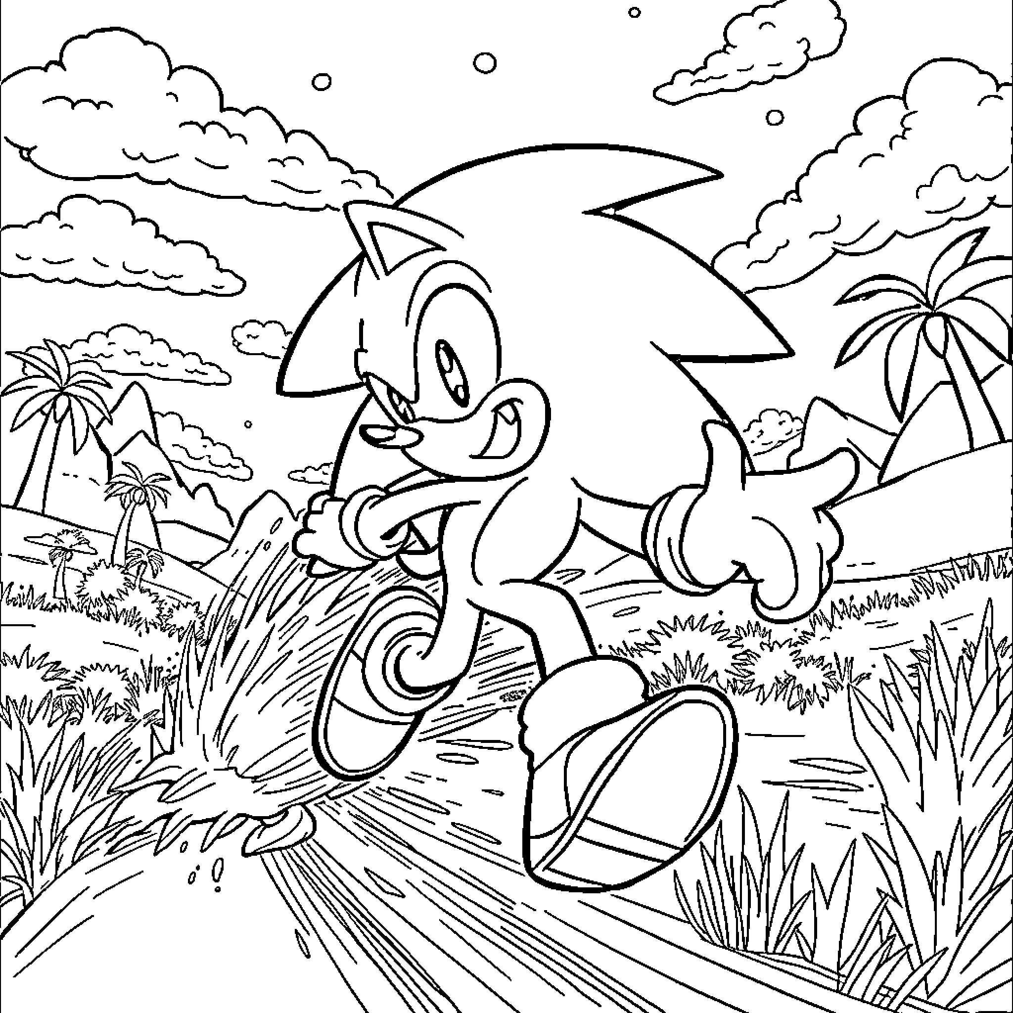 Sonic running swiftly through the tropical landscape Coloring Page (free black-and-white line drawing printable PDF for all, from beginners to advanced learners, including children, teens, adults, and seniors)