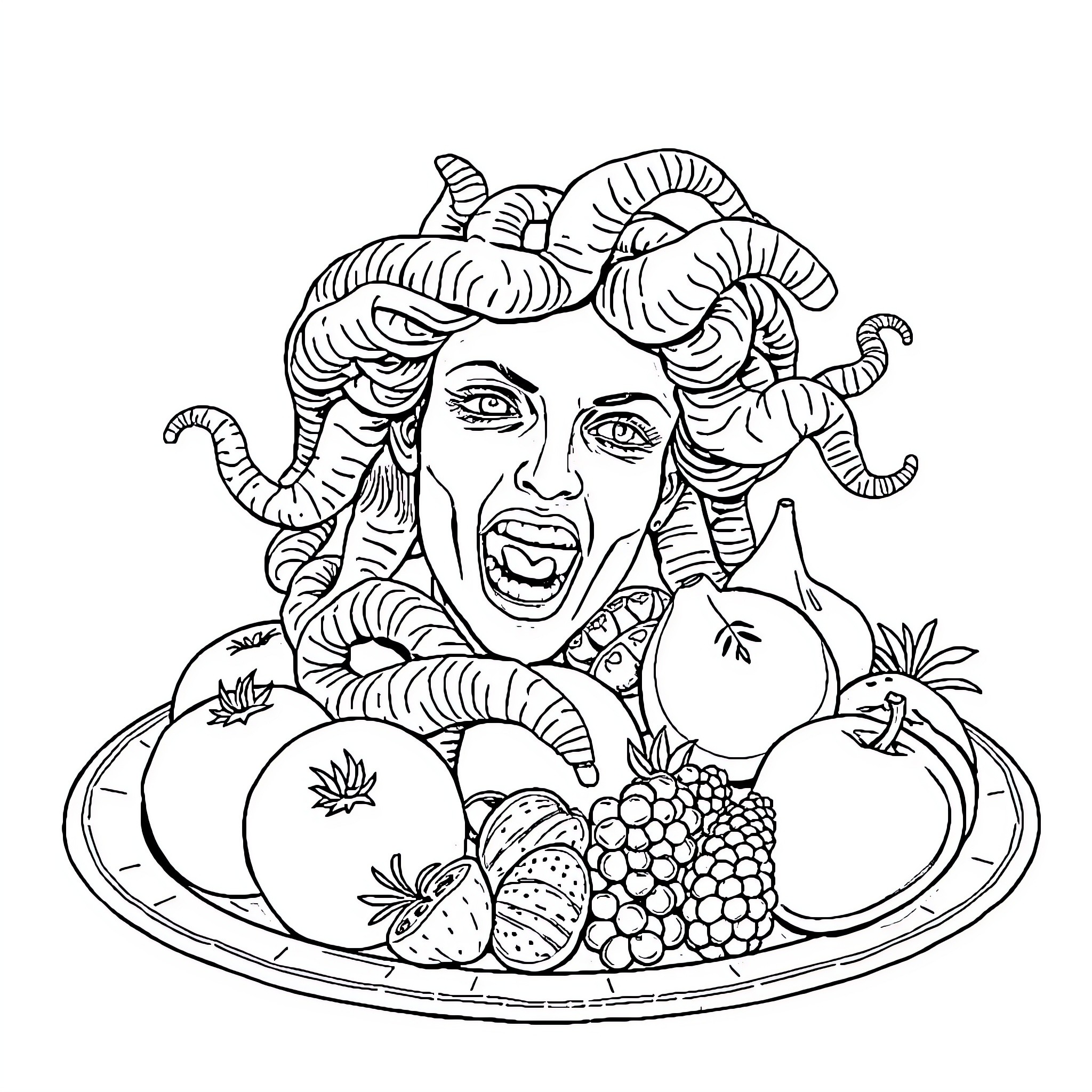 Medusa's Gorgon Visage Surrounded by Fruit Coloring Page (free black-and-white line drawing printable PDF for all, from beginners to advanced learners, including children, teens, adults, and seniors)