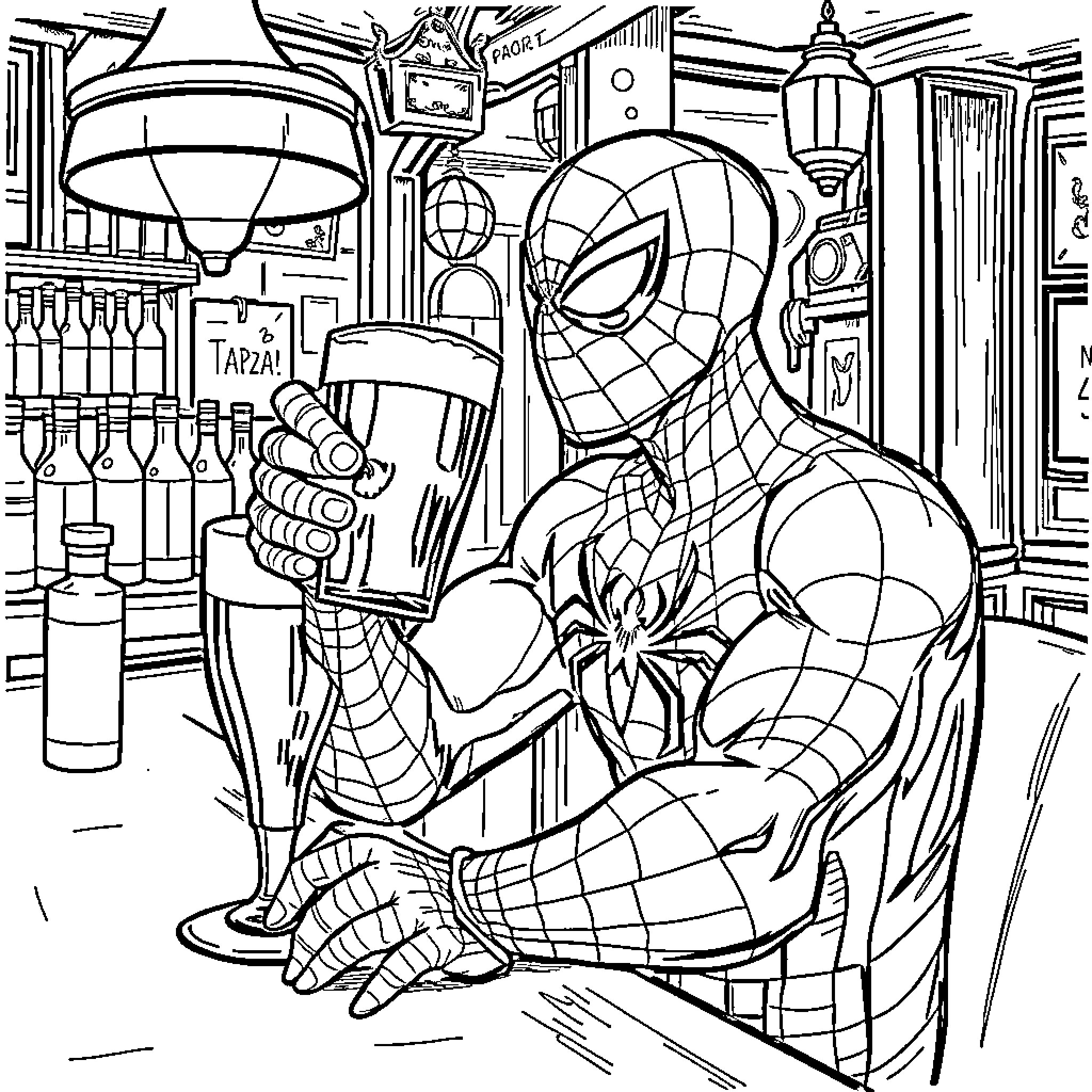 Spiderman in action pose in a city setting Coloring Page (free black-and-white line drawing printable PDF for all, from beginners to advanced learners, including children, teens, adults, and seniors)