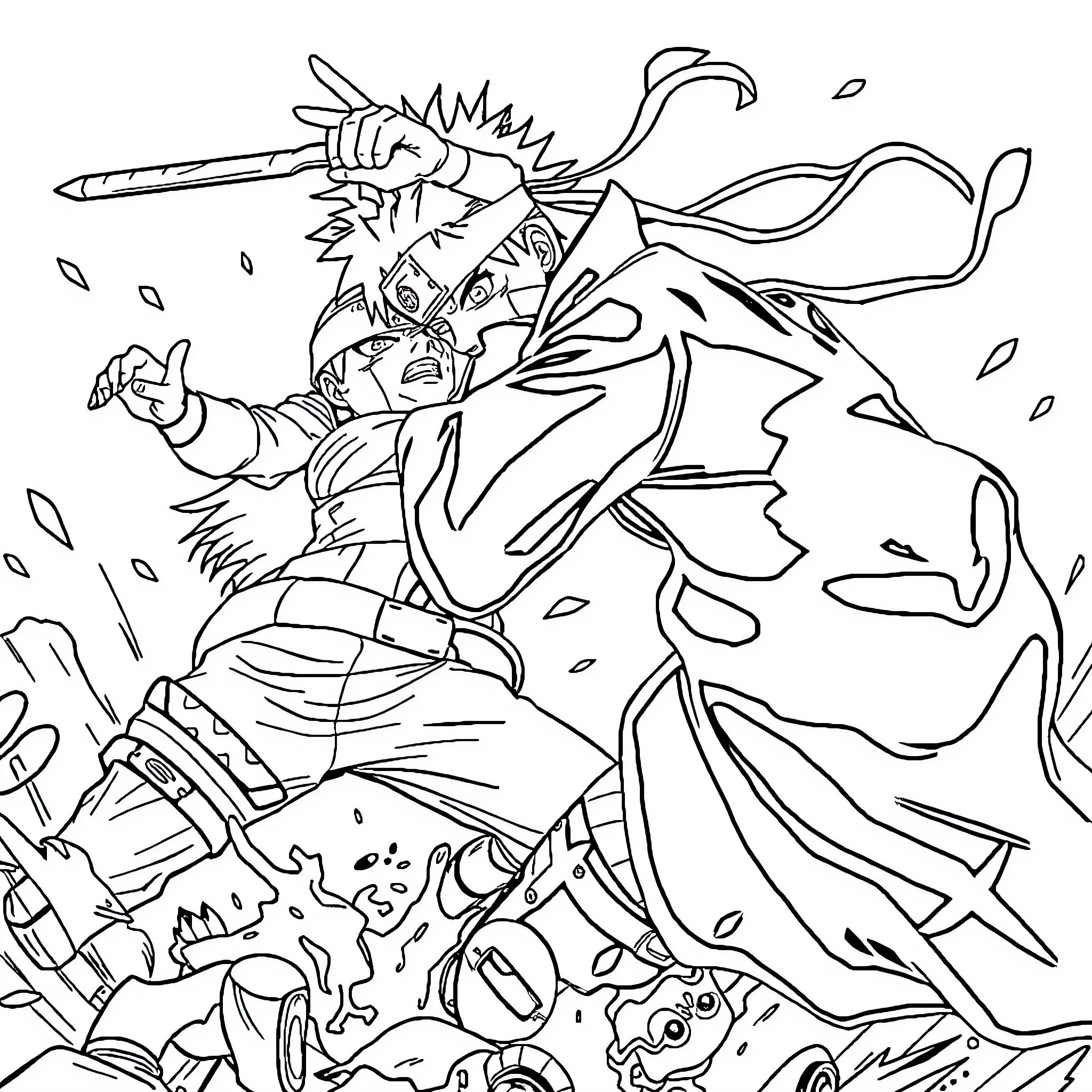 Naruto Unleashing Powerful Ninja Techniques in Intense Battle Coloring Page (free black-and-white line drawing printable PDF for all, from beginners to advanced learners, including children, teens, adults, and seniors)