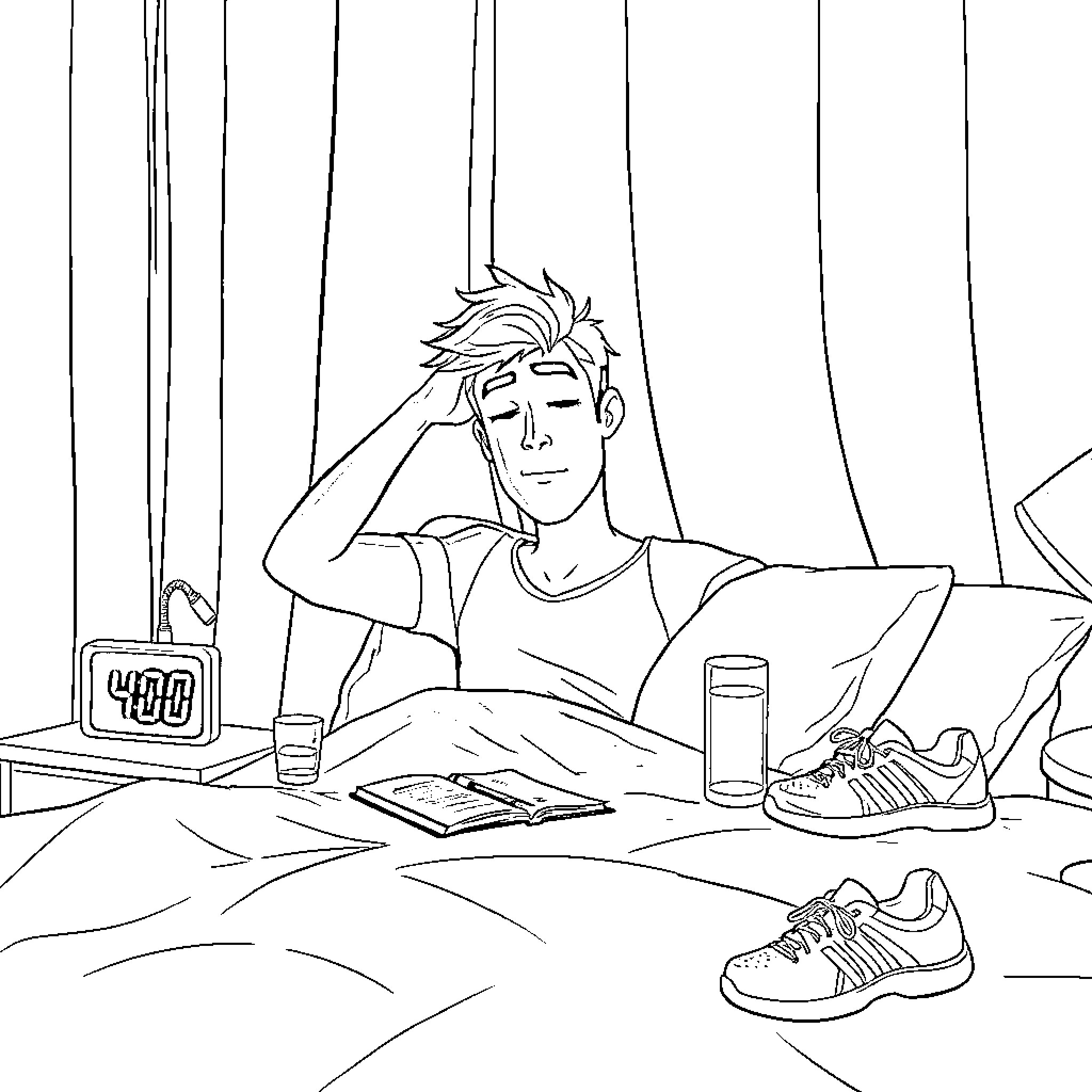 Man relaxing and studying at home Coloring Page (free black-and-white line drawing printable PDF for all, from beginners to advanced learners, including children, teens, adults, and seniors)