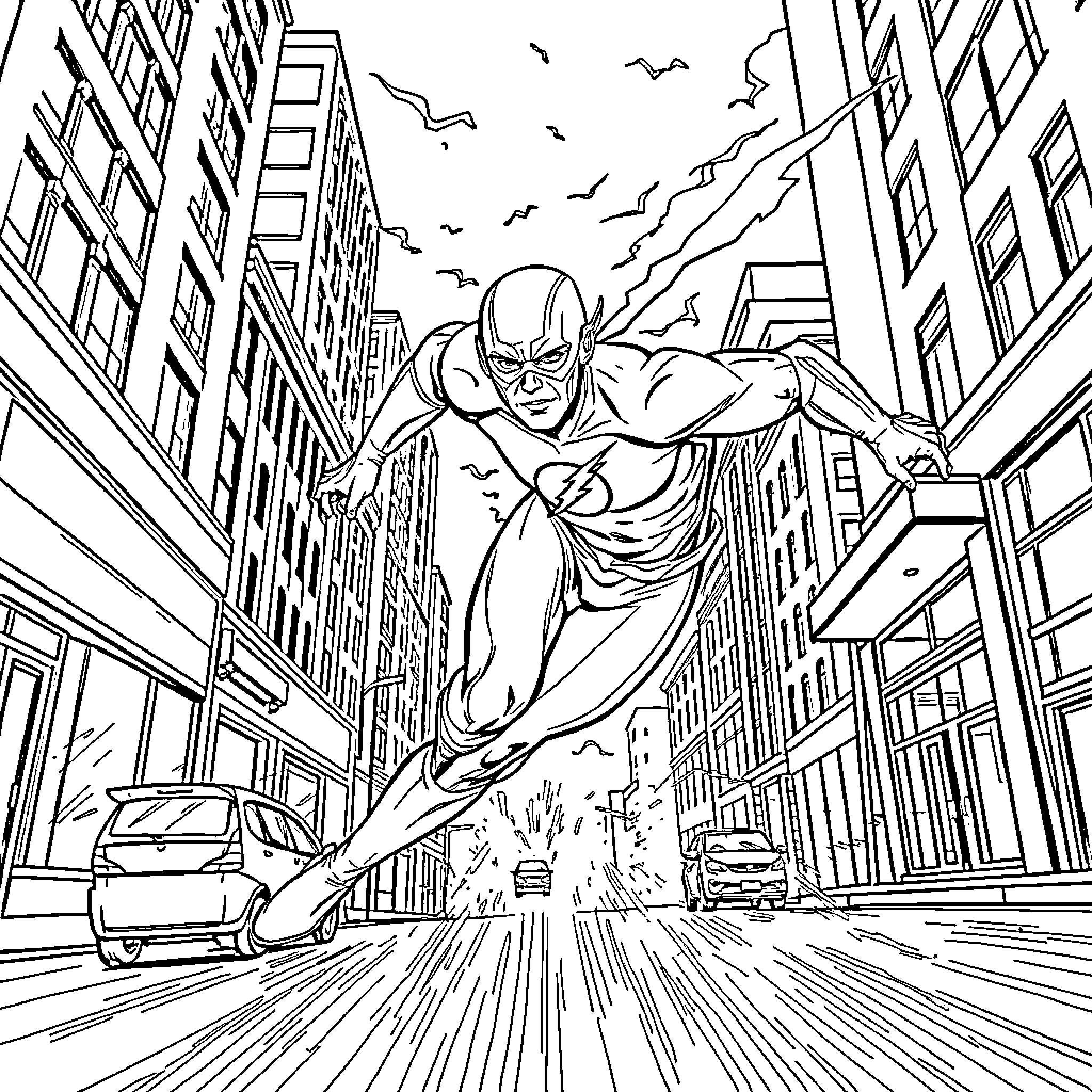 Flash speeds through the bustling city Coloring Page (free black-and-white line drawing printable PDF for all, from beginners to advanced learners, including children, teens, adults, and seniors)