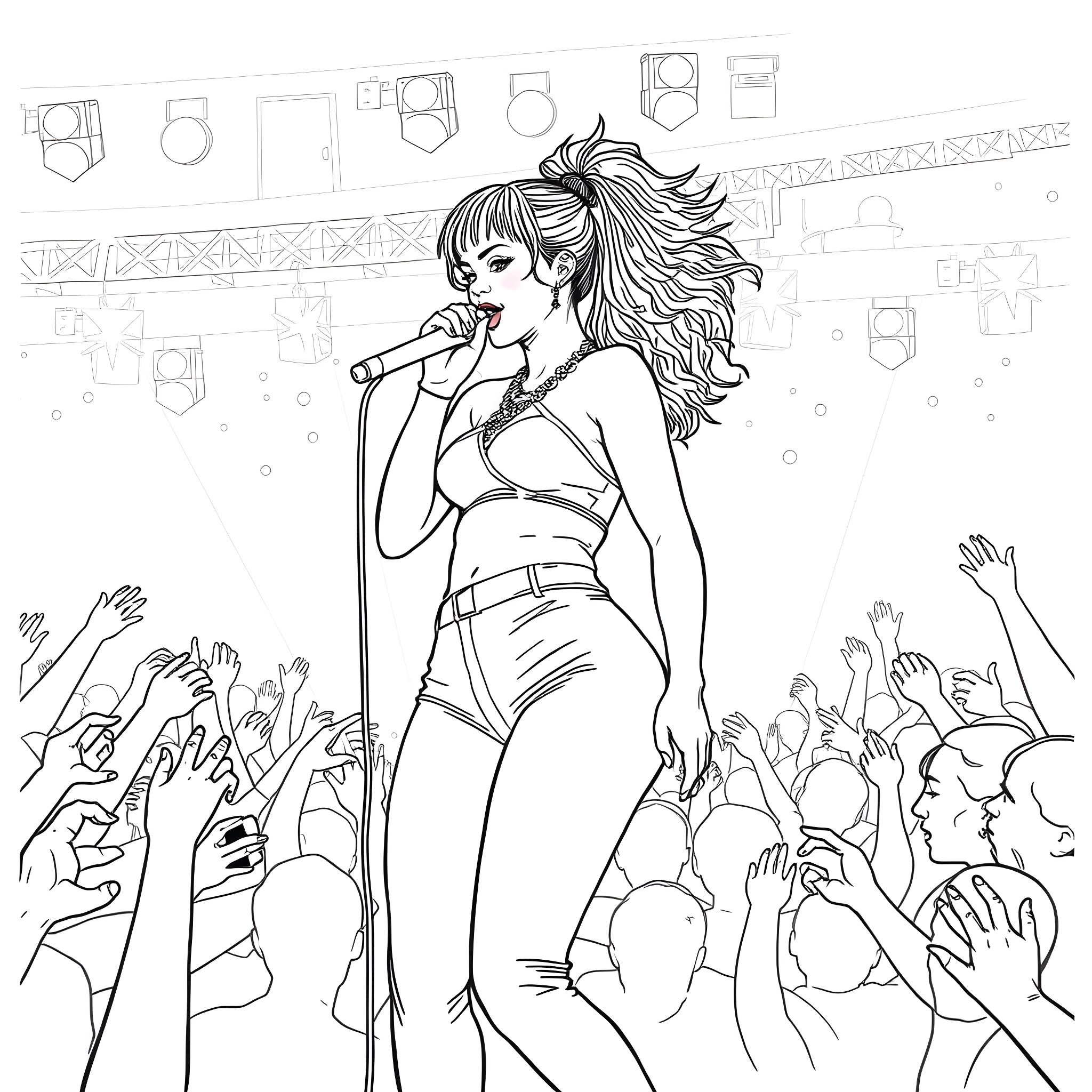 Rihanna performing live on stage with adoring fans Coloring Page (free black-and-white line drawing printable PDF for all, from beginners to advanced learners, including children, teens, adults, and seniors)