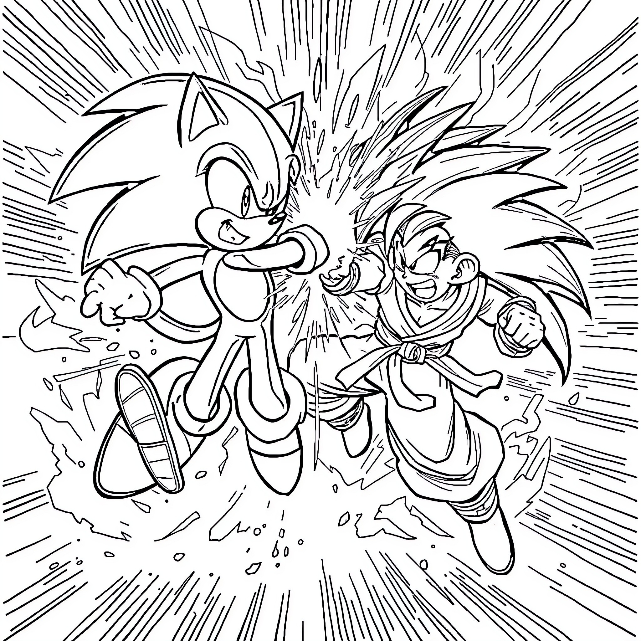 Sonic and Goku's Explosive Clash Coloring Page (free black-and-white line drawing printable PDF for all, from beginners to advanced learners, including children, teens, adults, and seniors)