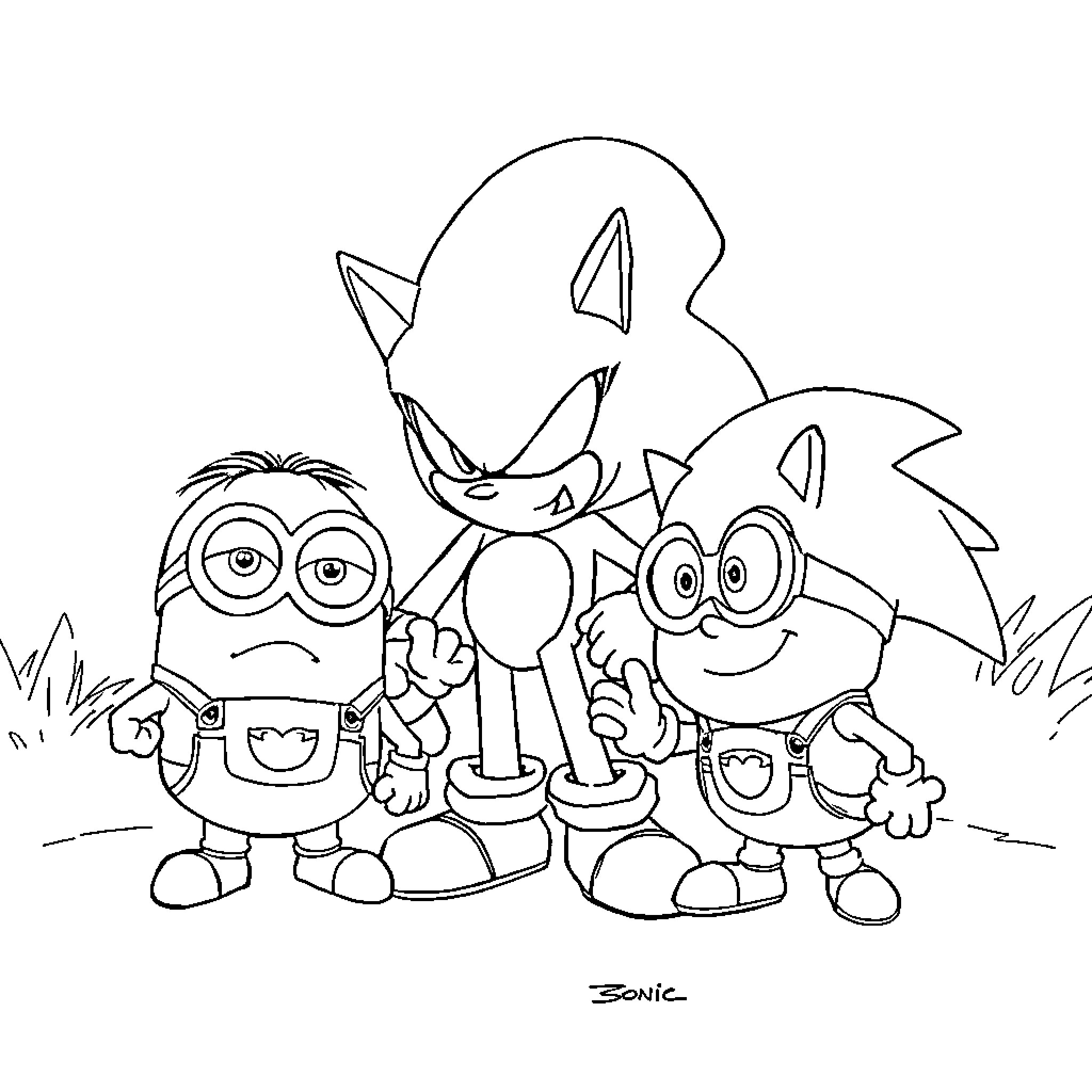 Minions and Sonic the Hedgehog playing together Coloring Page (free black-and-white line drawing printable PDF for all, from beginners to advanced learners, including children, teens, adults, and seniors)
