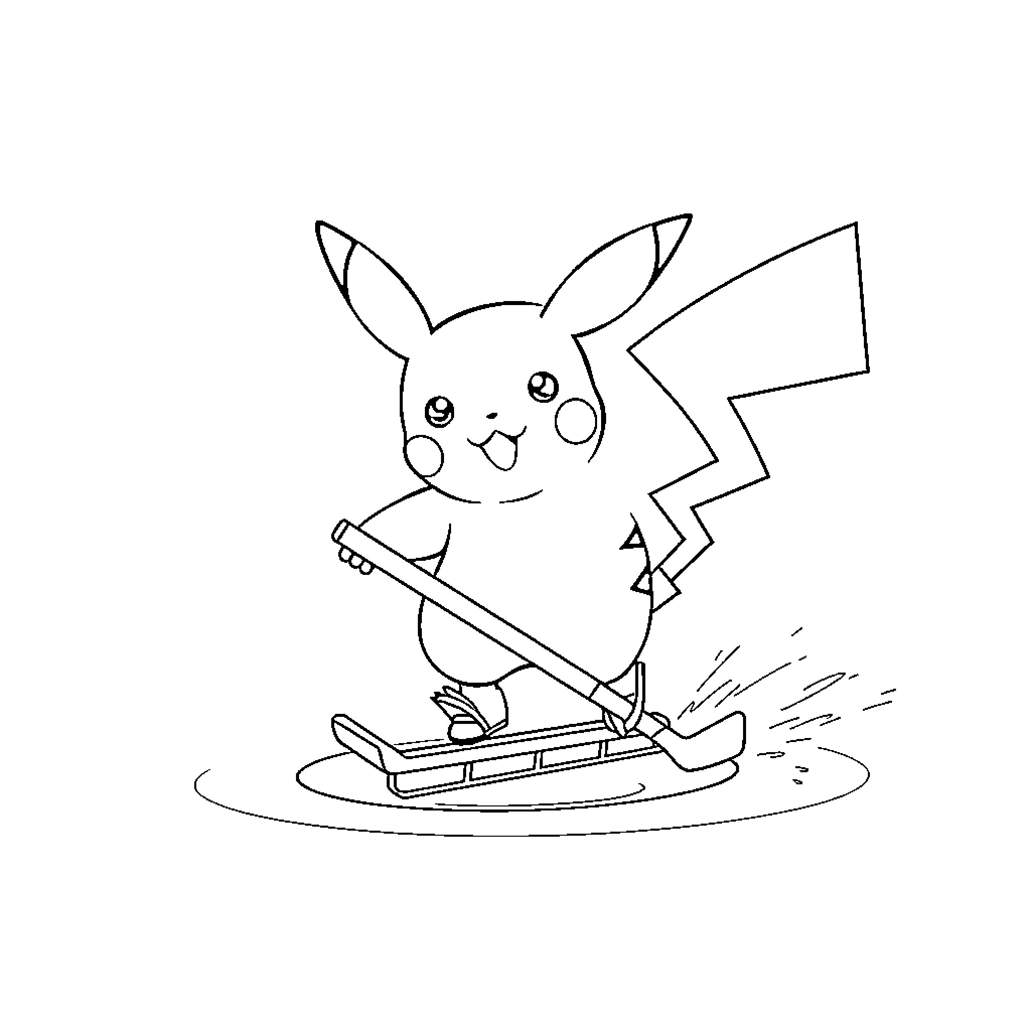 Pikachu sledding on a snowy hill Coloring Page (free black-and-white line drawing printable PDF for all, from beginners to advanced learners, including children, teens, adults, and seniors)