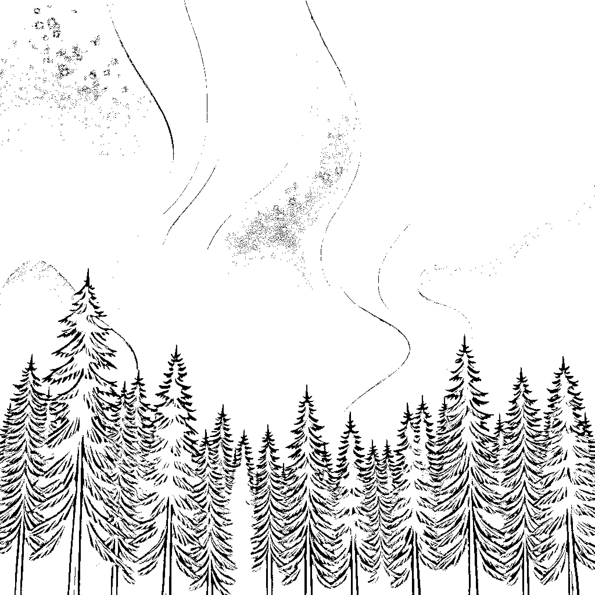 Northern Light Silhouettes of Evergreen Forest Coloring Page (free black-and-white line drawing printable PDF for all, from beginners to advanced learners, including children, teens, adults, and seniors)