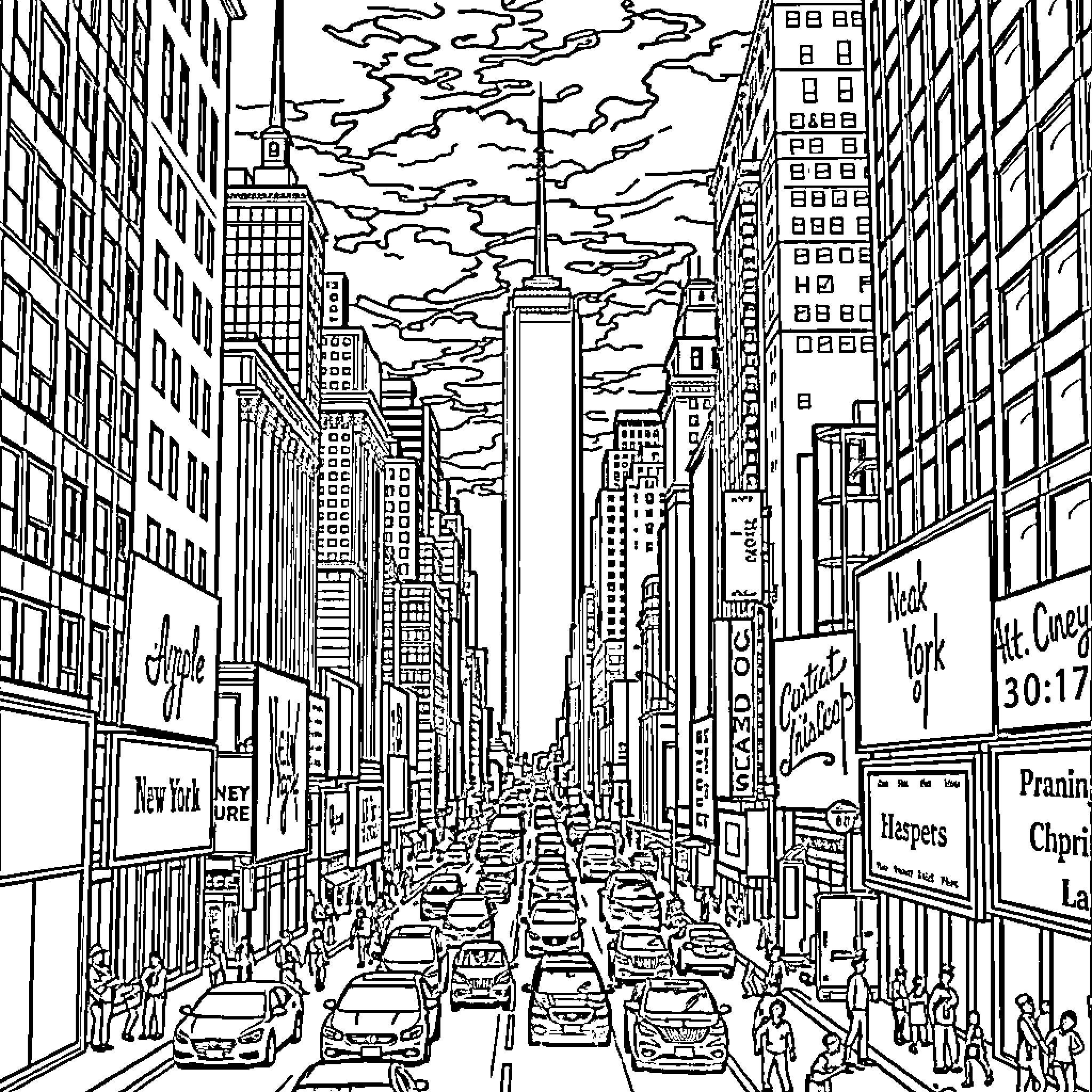 New York City Street Scene with Bustling Traffic Coloring Page (free black-and-white line drawing printable PDF for all, from beginners to advanced learners, including children, teens, adults, and seniors)