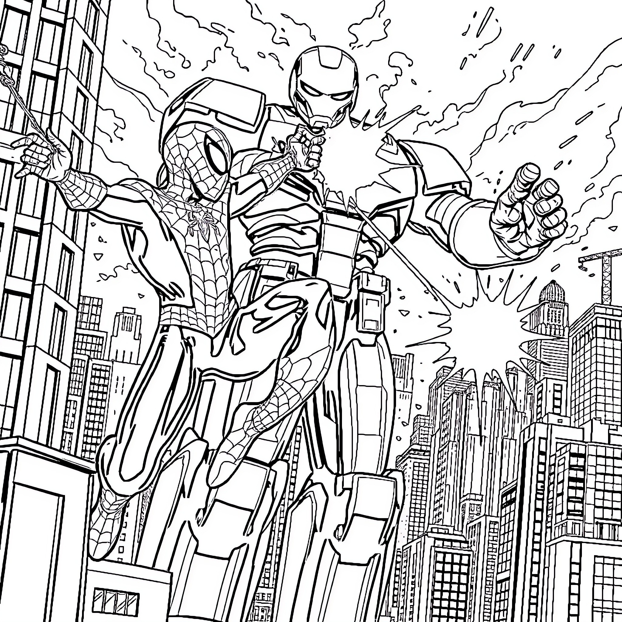 Spiderman confronting a powerful armored foe in the city Coloring Page (free black-and-white line drawing printable PDF for all, from beginners to advanced learners, including children, teens, adults, and seniors)