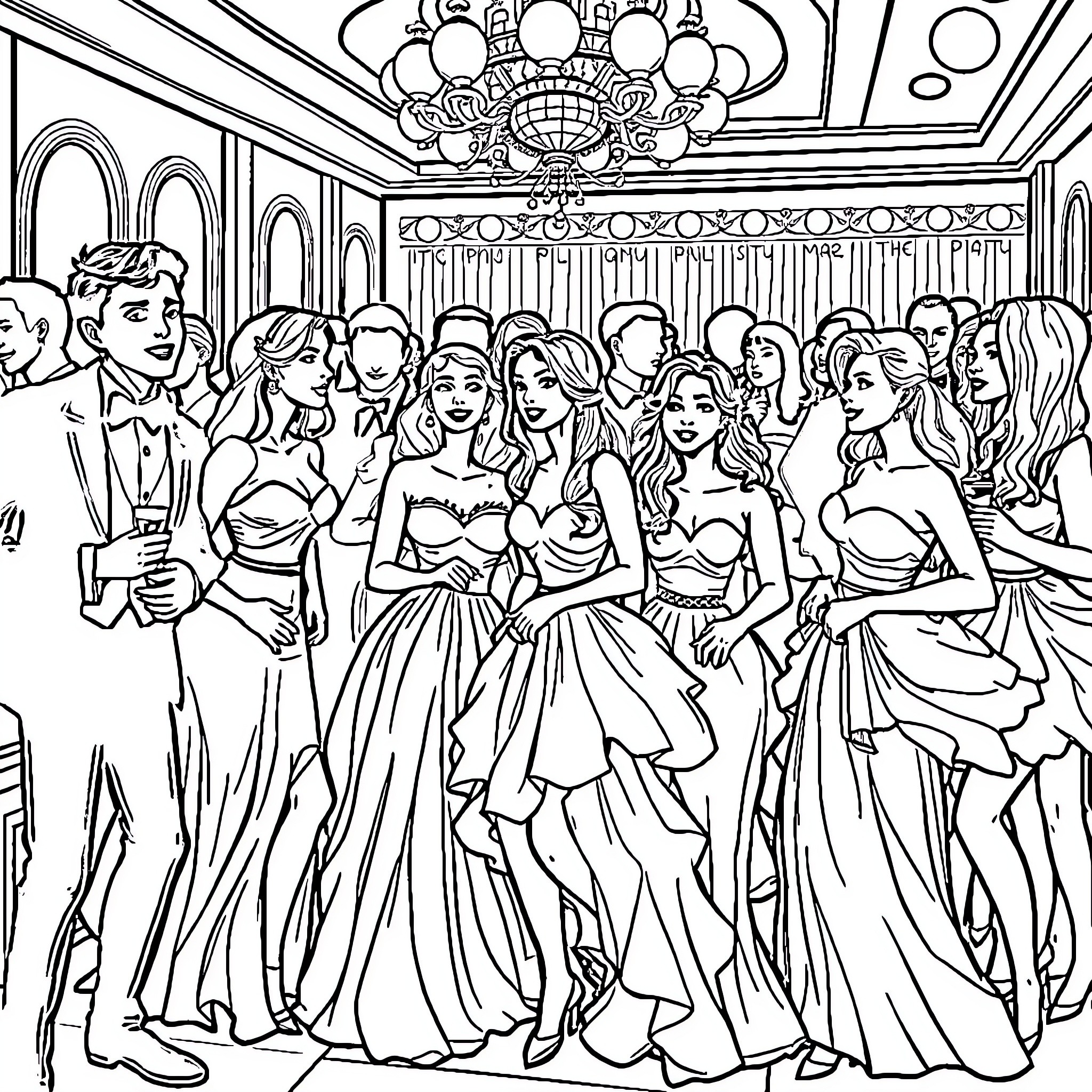 Party in an Elegant Ballroom Coloring Page (free black-and-white line drawing printable PDF for all, from beginners to advanced learners, including children, teens, adults, and seniors)