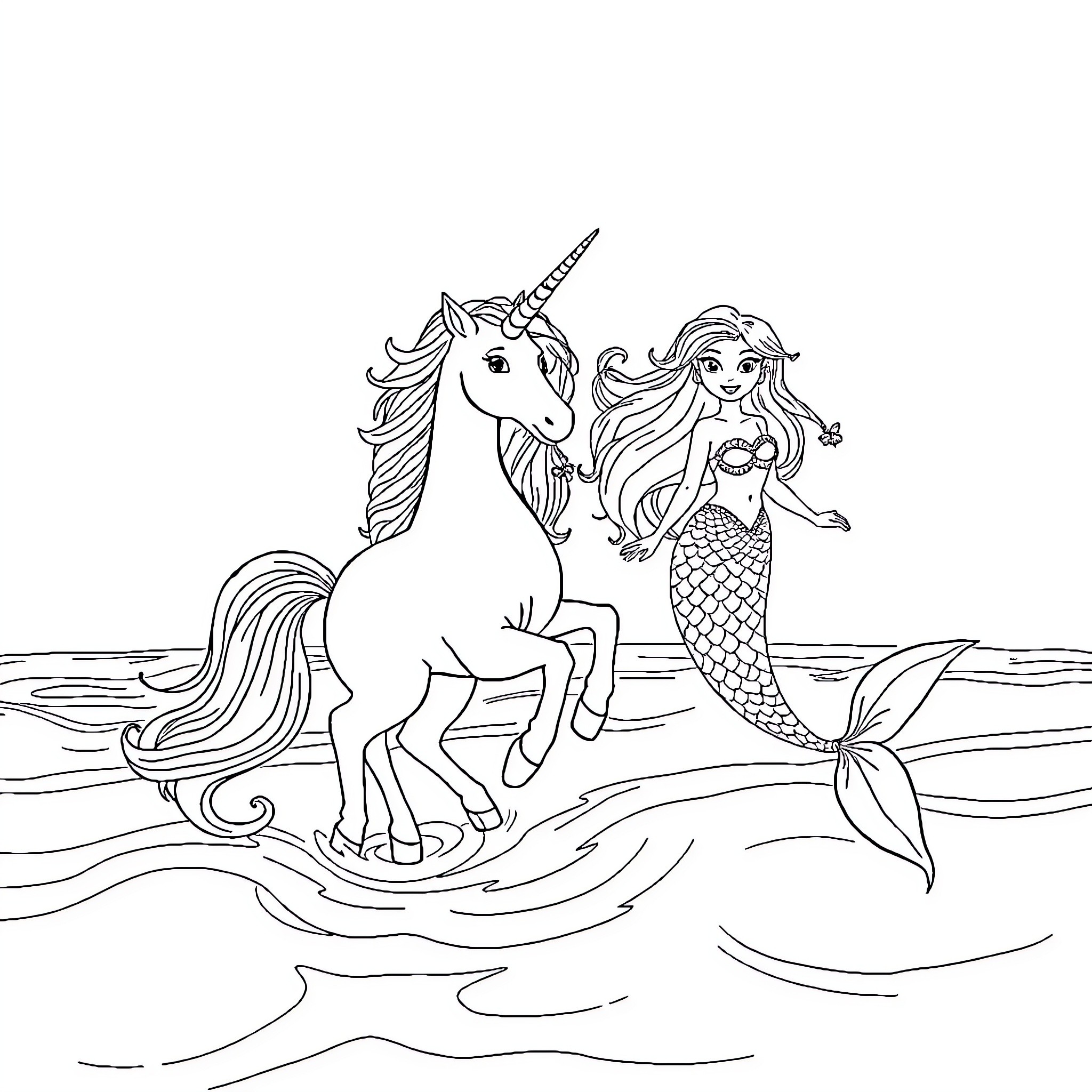 Unicorn and Mermaid Exploring the Enchanting Waters Coloring Page (free black-and-white line drawing printable PDF for all, from beginners to advanced learners, including children, teens, adults, and seniors)