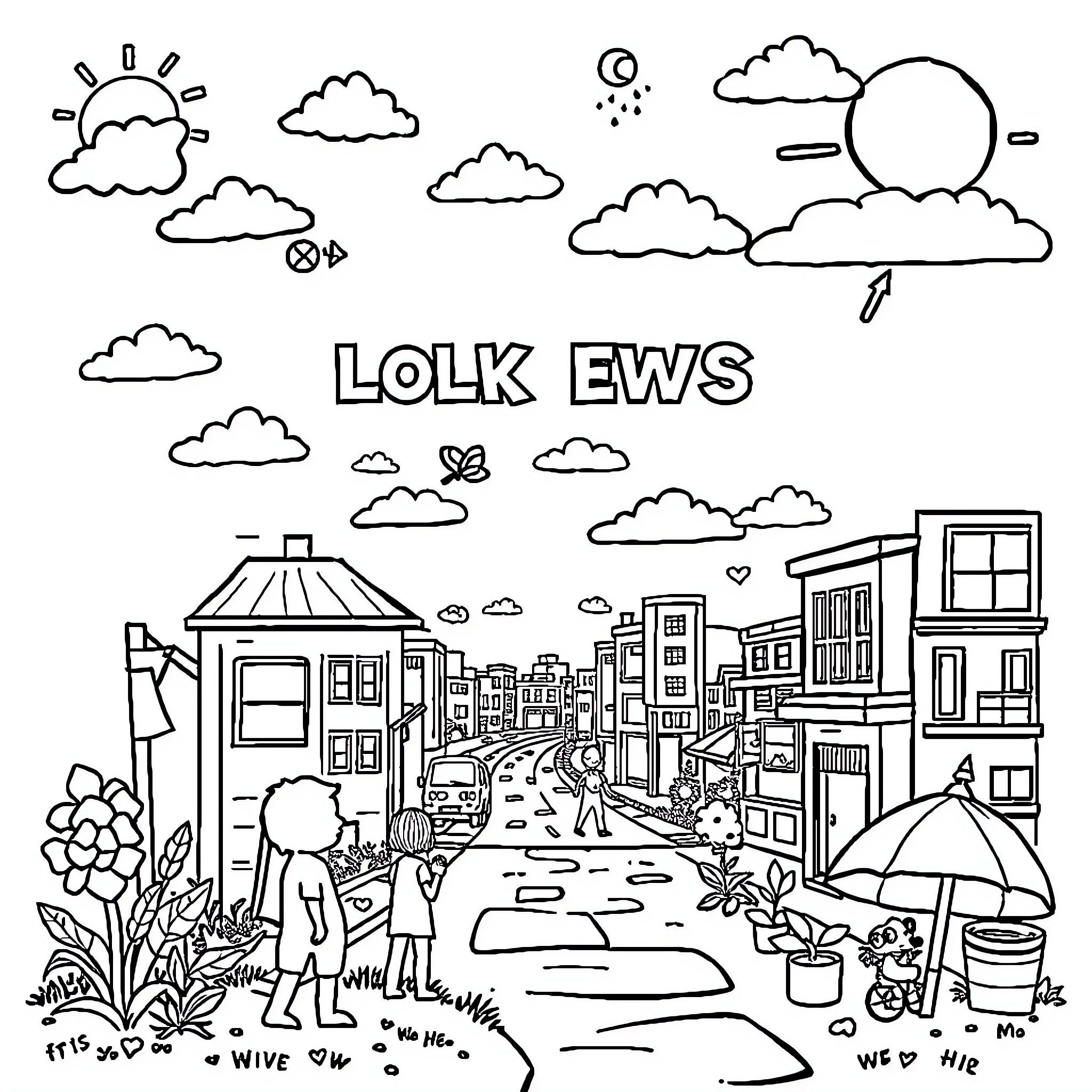 Activity Sheet with a Lively City Scene Coloring Page (free black-and-white line drawing printable PDF for all, from beginners to advanced learners, including children, teens, adults, and seniors)