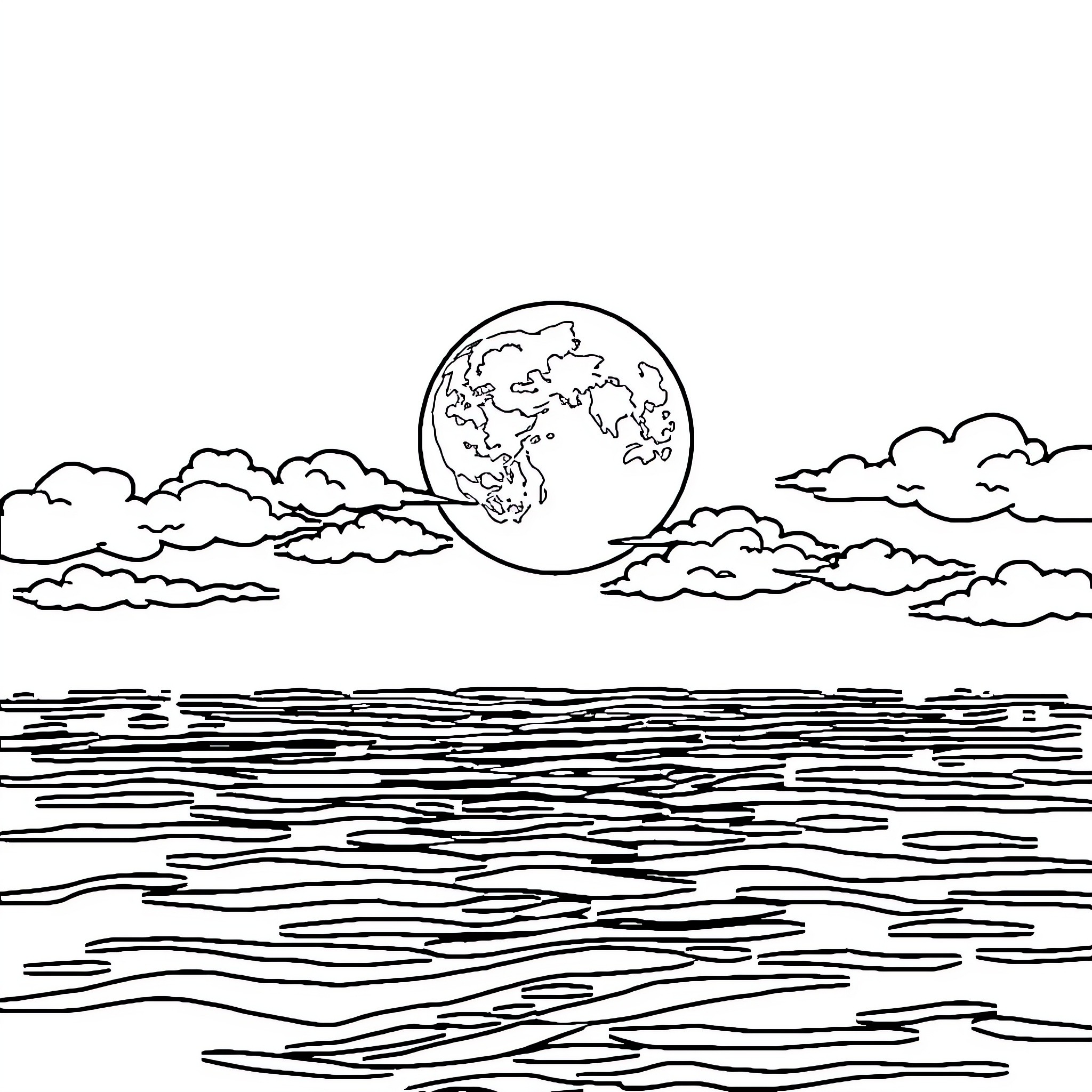 Moon Rising Over Tranquil Ocean Waves Coloring Page (free black-and-white line drawing printable PDF for all, from beginners to advanced learners, including children, teens, adults, and seniors)
