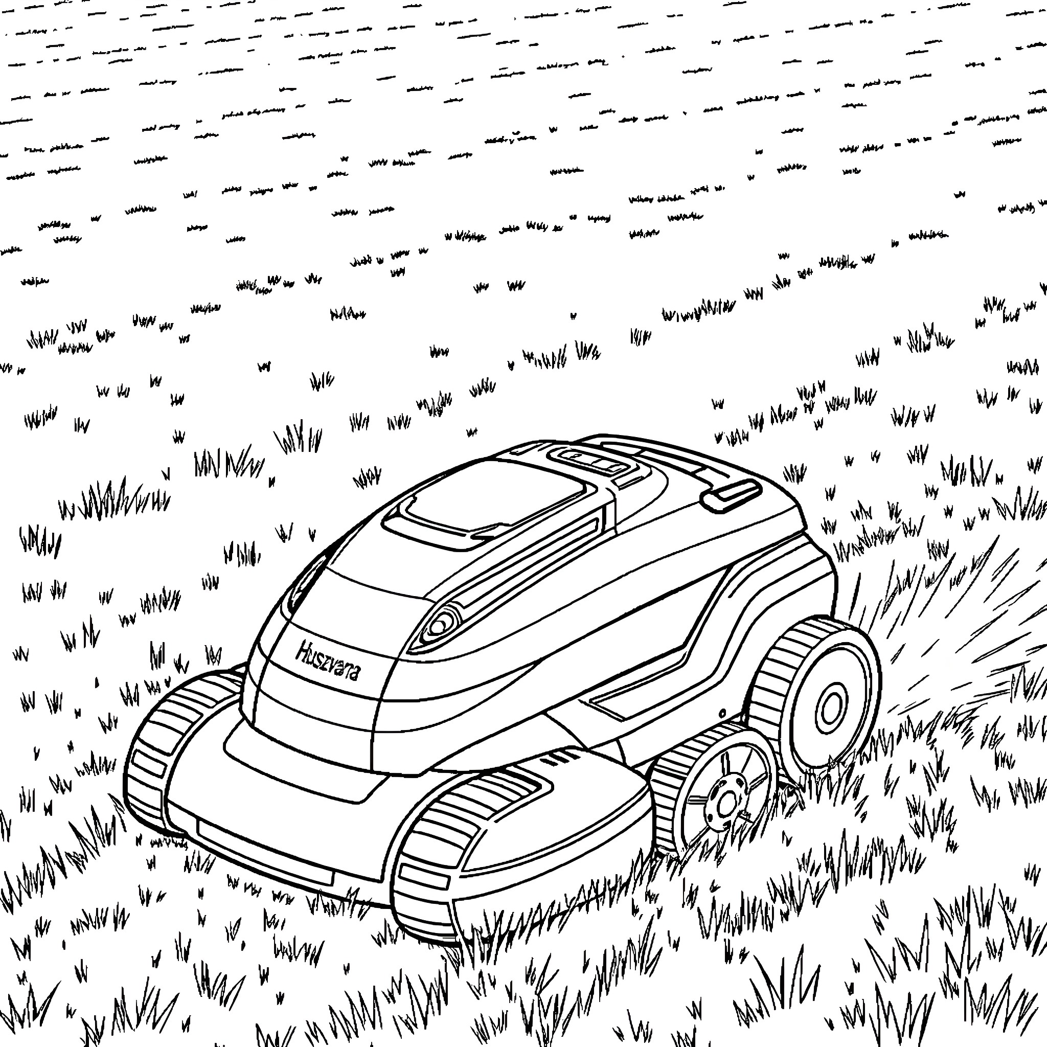 Robot Lawn Mower exploring grassy terrain Coloring Page (free black-and-white line drawing printable PDF for all, from beginners to advanced learners, including children, teens, adults, and seniors)
