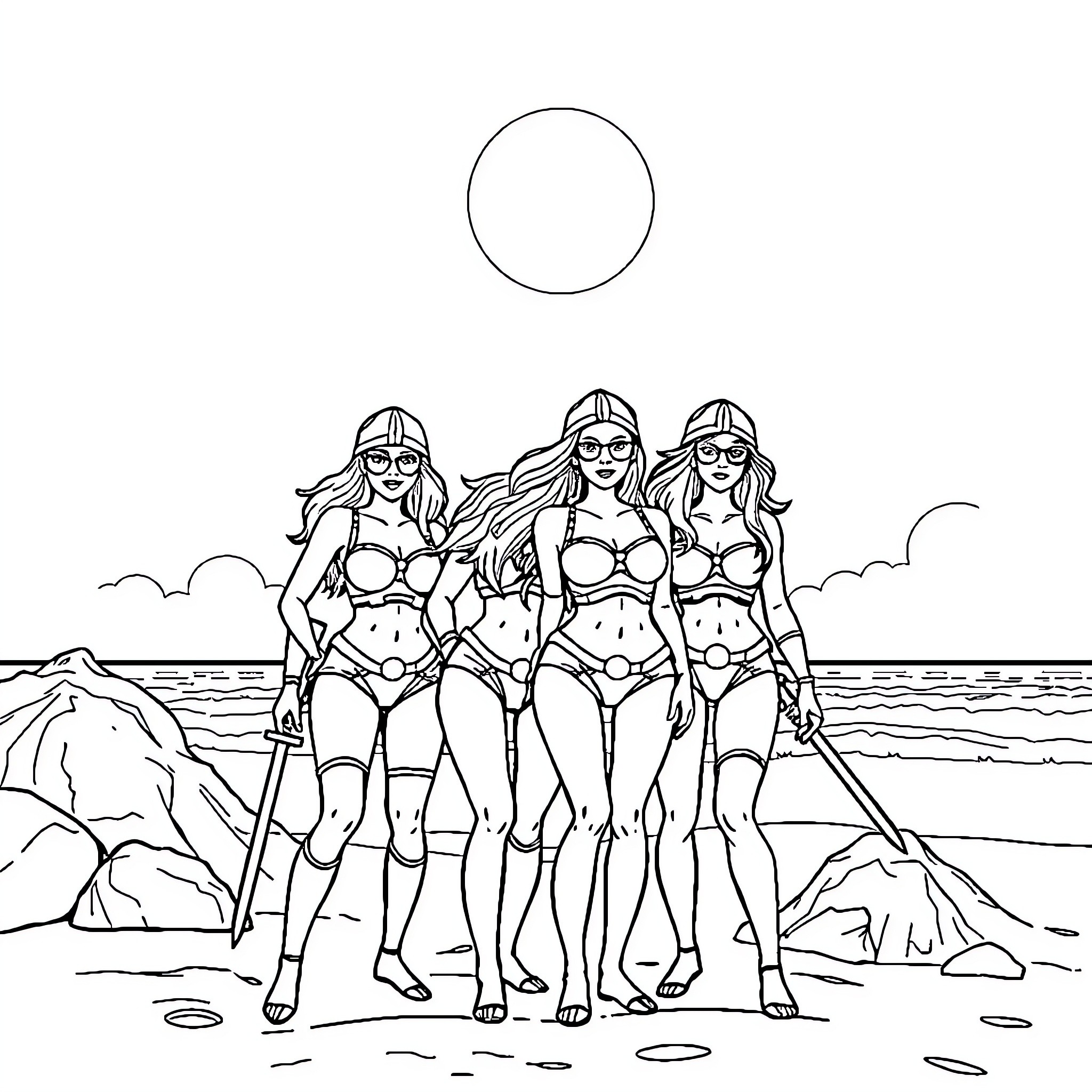 Guerrera Warriors Pose Triumphantly on the Beach Coloring Page (free black-and-white line drawing printable PDF for all, from beginners to advanced learners, including children, teens, adults, and seniors)
