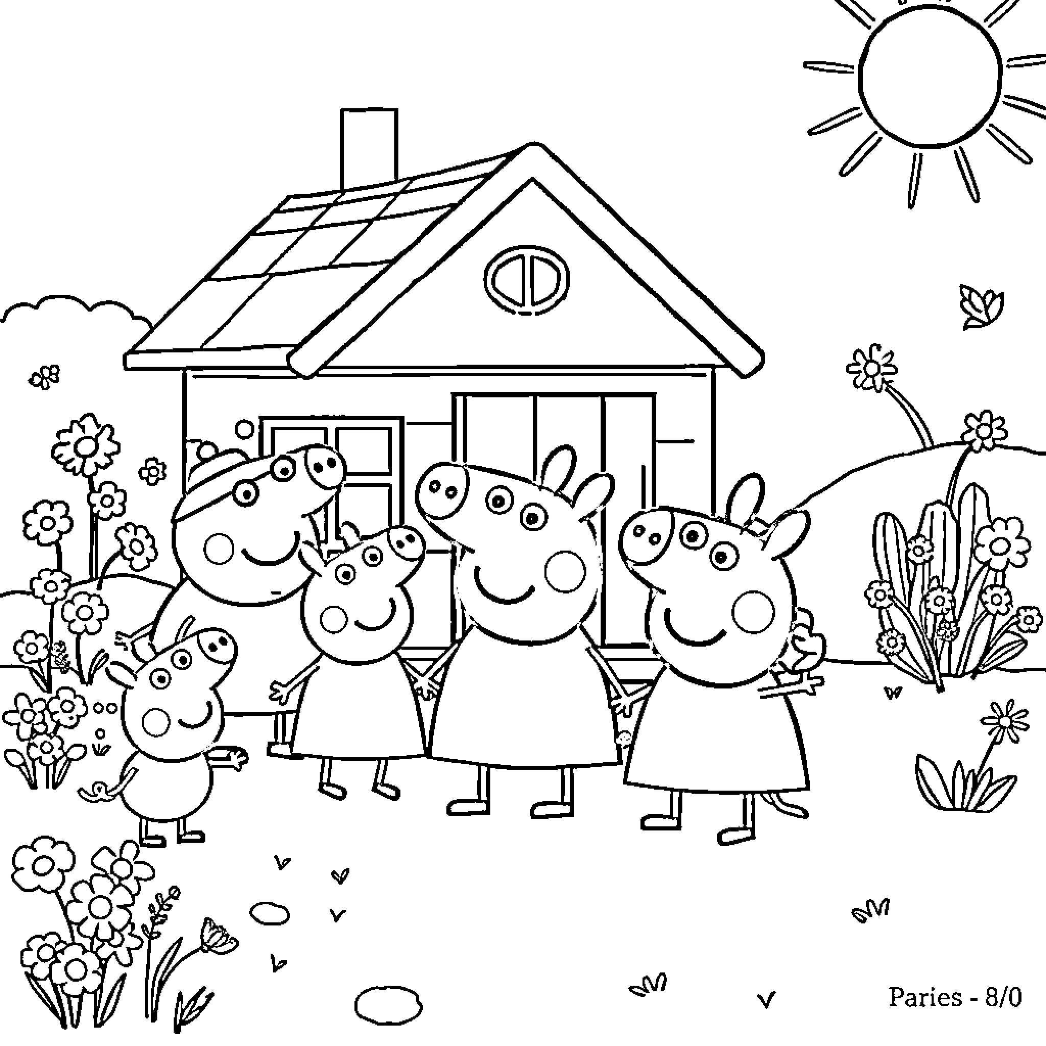 Peppa Pig family enjoying a day outdoors Coloring Page (free black-and-white line drawing printable PDF for all, from beginners to advanced learners, including children, teens, adults, and seniors)