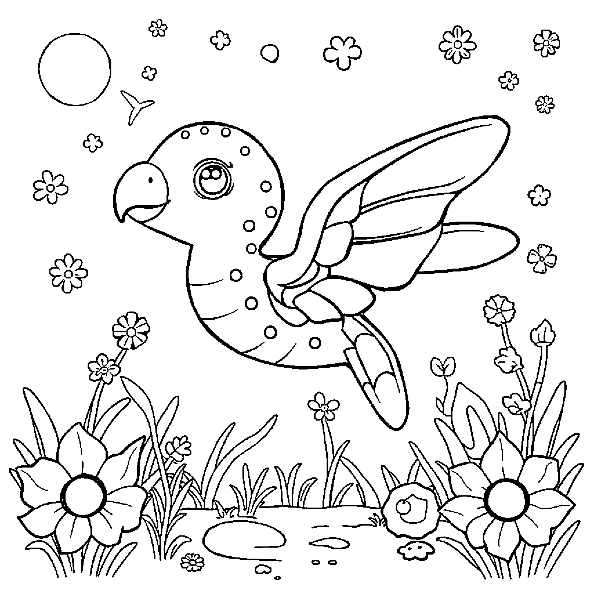 Kids explore a whimsical butterfly garden Coloring Page (free black-and-white line drawing printable PDF for all, from beginners to advanced learners, including children, teens, adults, and seniors)