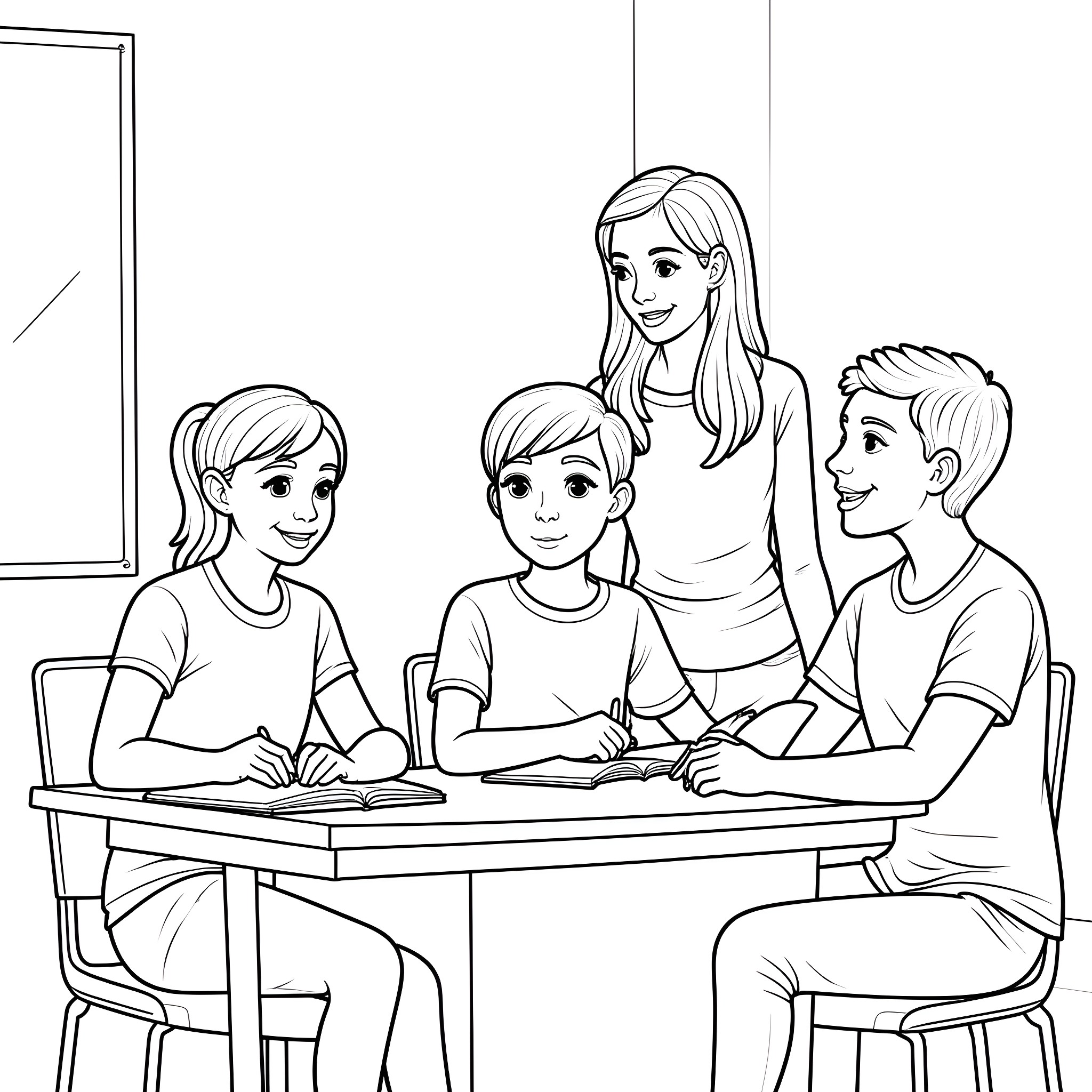 Teacher Assisting Students in Classroom Coloring Page (free black-and-white line drawing printable PDF for all, from beginners to advanced learners, including children, teens, adults, and seniors)